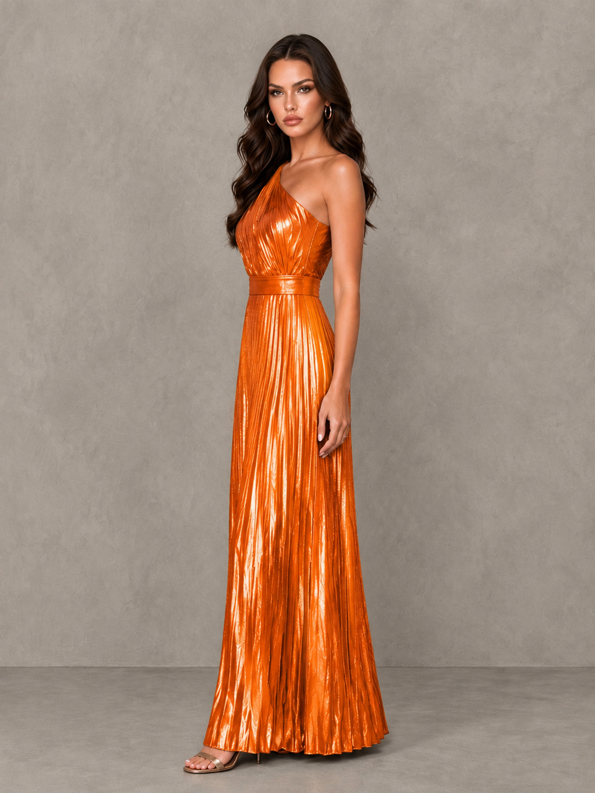 BOLODOO Orange One-Shoulder Metallic Pleated Wide-Leg Jumpsuit - Orange - Orange_3