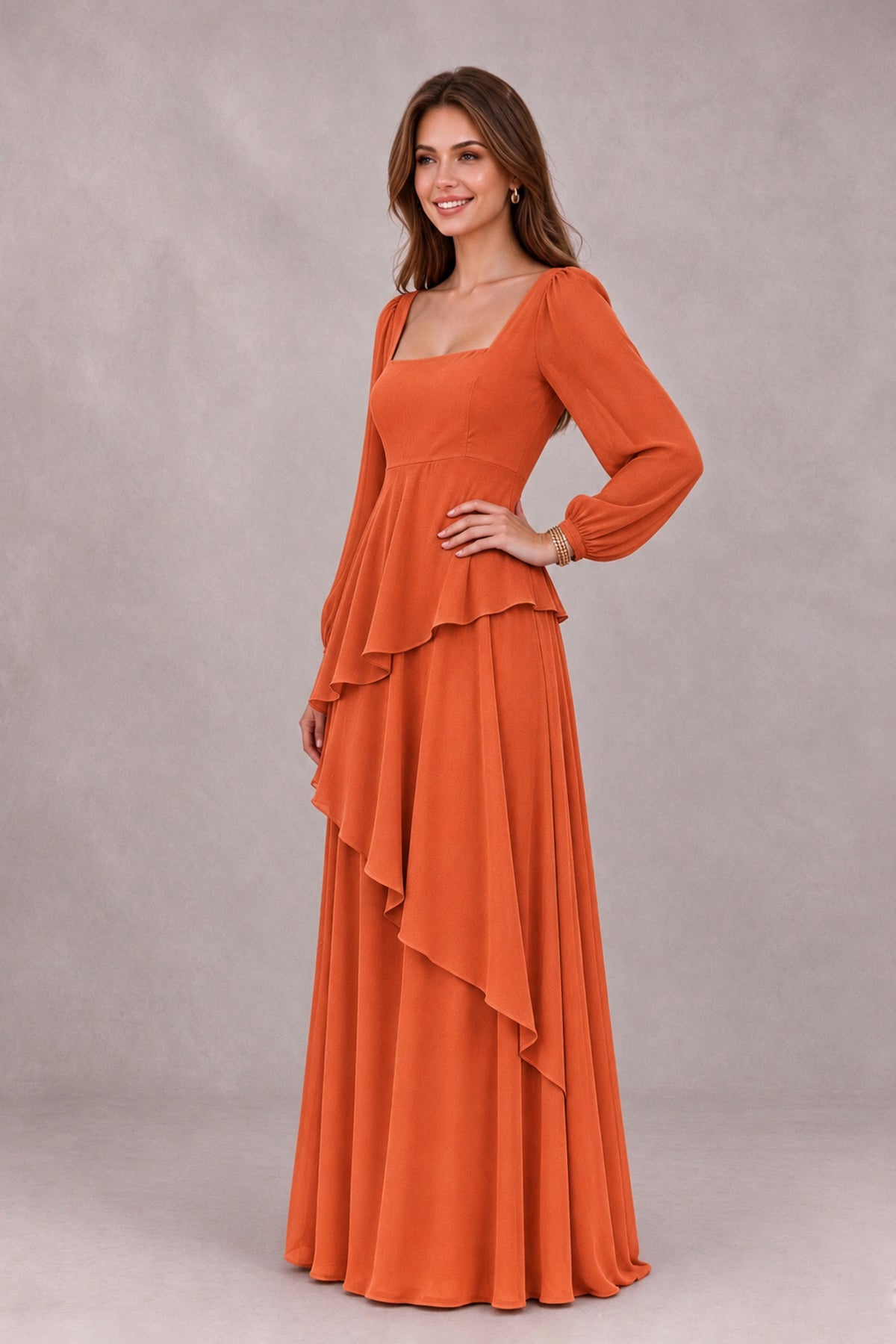 BOLODOO Orange Long Sleeve Ruffle Bridesmaid Dresses - Orange - Orange_3