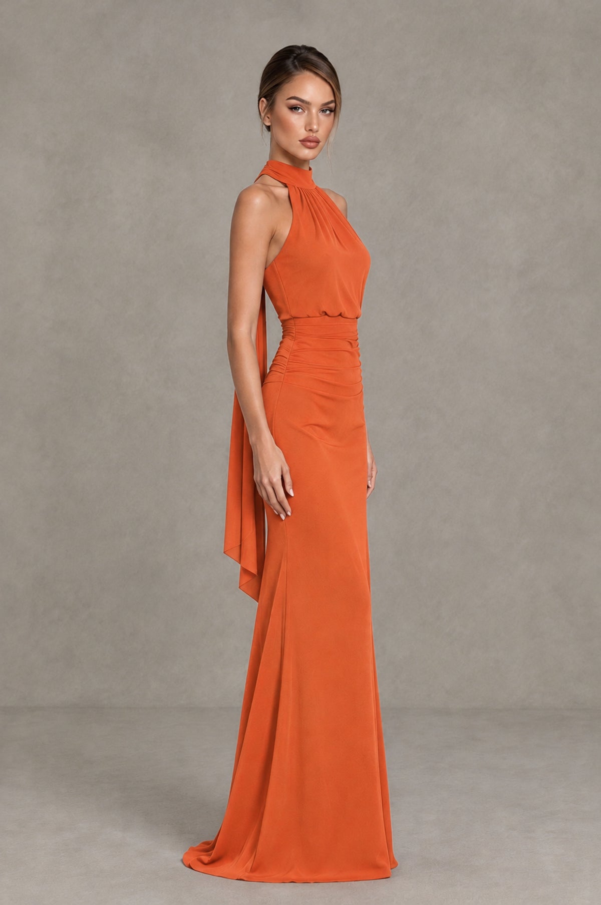 BOLODOO Orange Chiffon Halter Maxi Formal Wedding Guest Dress - Orange - Orange_3