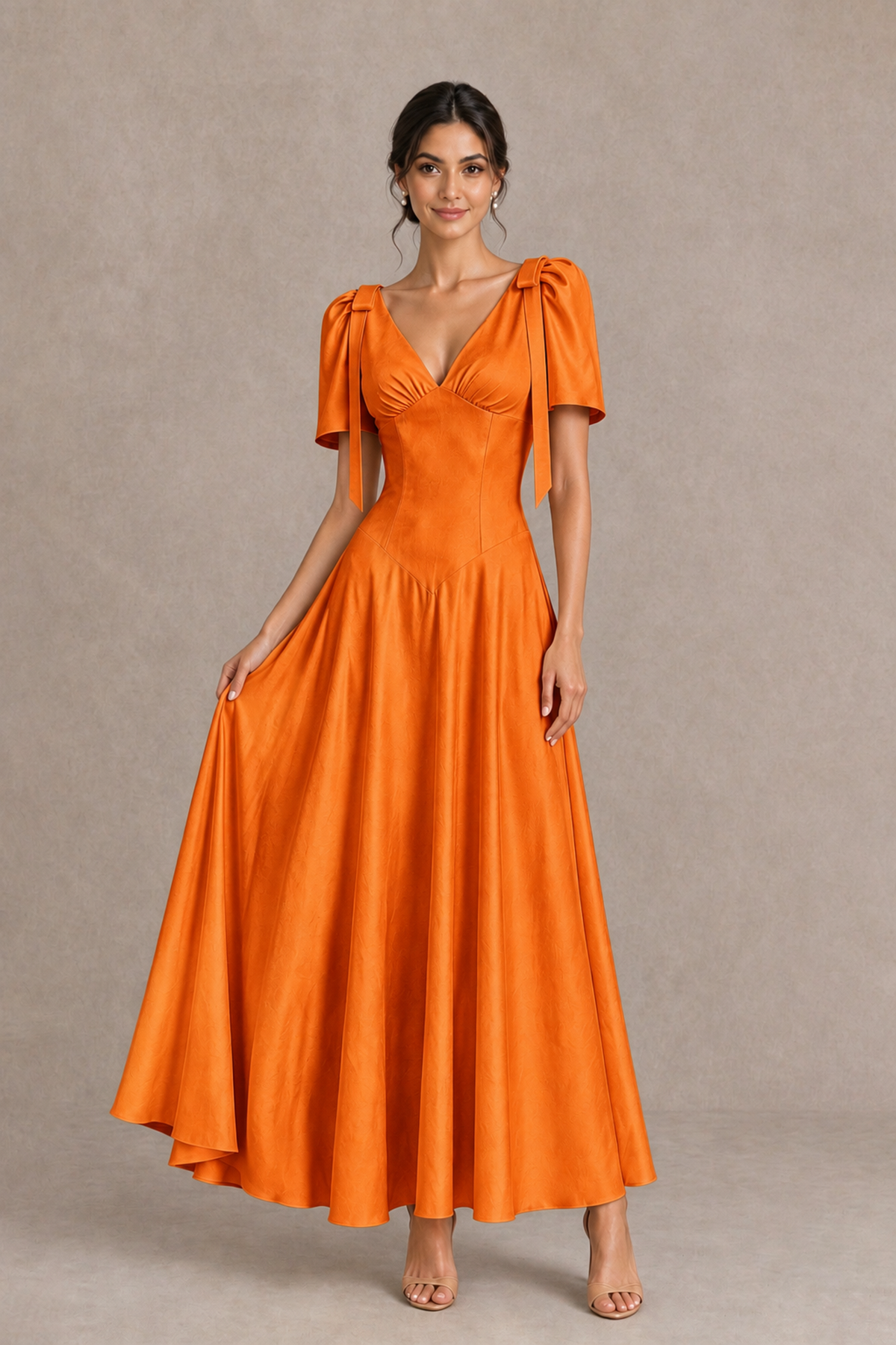 BOLODOO Orange V-Neck Short Sleeve Satin-Look Bridesmaid Dress with Shoulder Bows - Orange - Orange_3