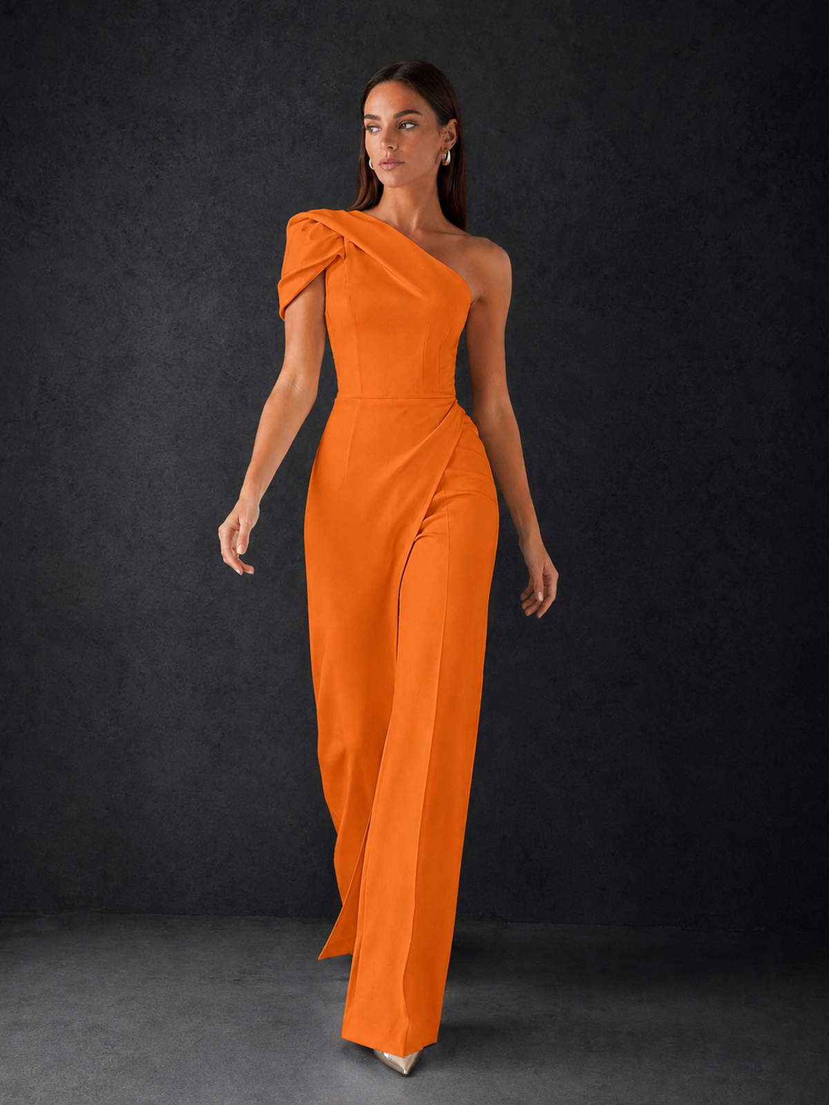 BOLODOO Orange One-Shoulder Puff Sleeve Wide-Leg Jumpsuit with Front Slit and Open Back - Orange