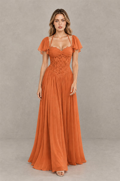 BOLODOO Orange Flutter Sleeve Lace Corset A-Line Maxi Dress - Orange - Orange_3