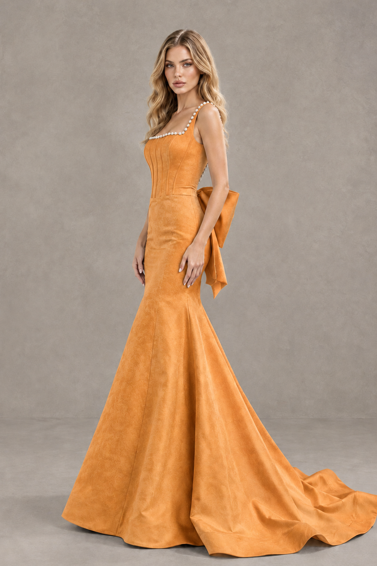 BOLODOO Orange Pearl-Trim Mermaid Prom Dress with Back Bow - Orange - Orange_3