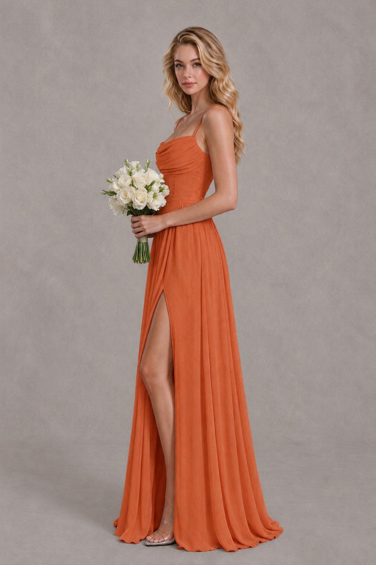 BOLODOO Orange Spaghetti Strap A-Line Bridesmaid Dress with Slit - Orange - Orange_3