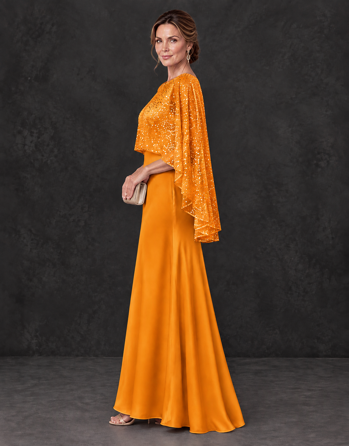 BOLODOO Orange Sparkle Cape Sleeve Mother of the Bride Dress - Orange - Orange_3