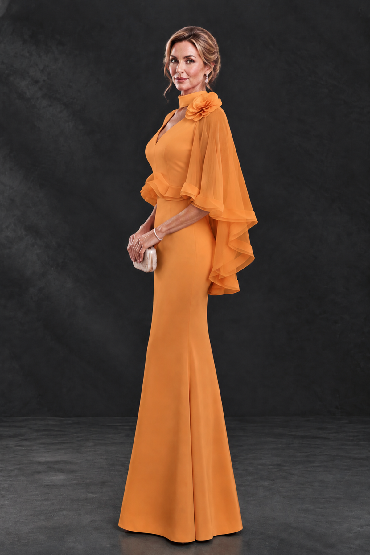 BOLODOO Orange Floral Cape Sleeve Mother of the Bride Dress - Orange - Orange_3