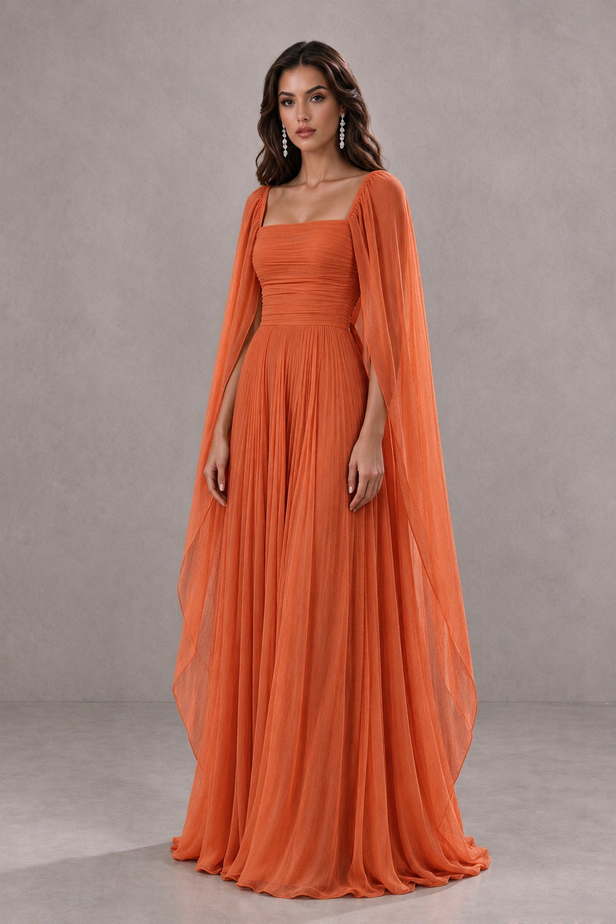 BOLODOO Orange Square Neck Cape Sleeve A-Line Evening Dress - Orange - Orange_3