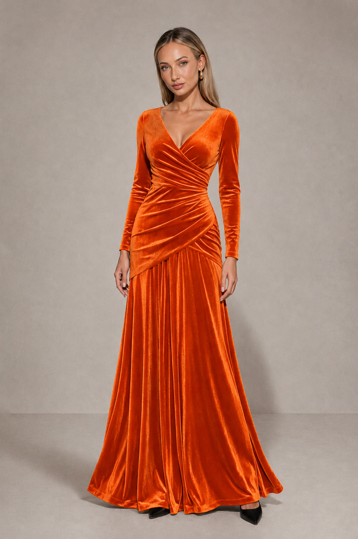 BOLODOO Orange Velvet Long Sleeve V-Neck Ruched Evening Dress - Orange - Orange_3