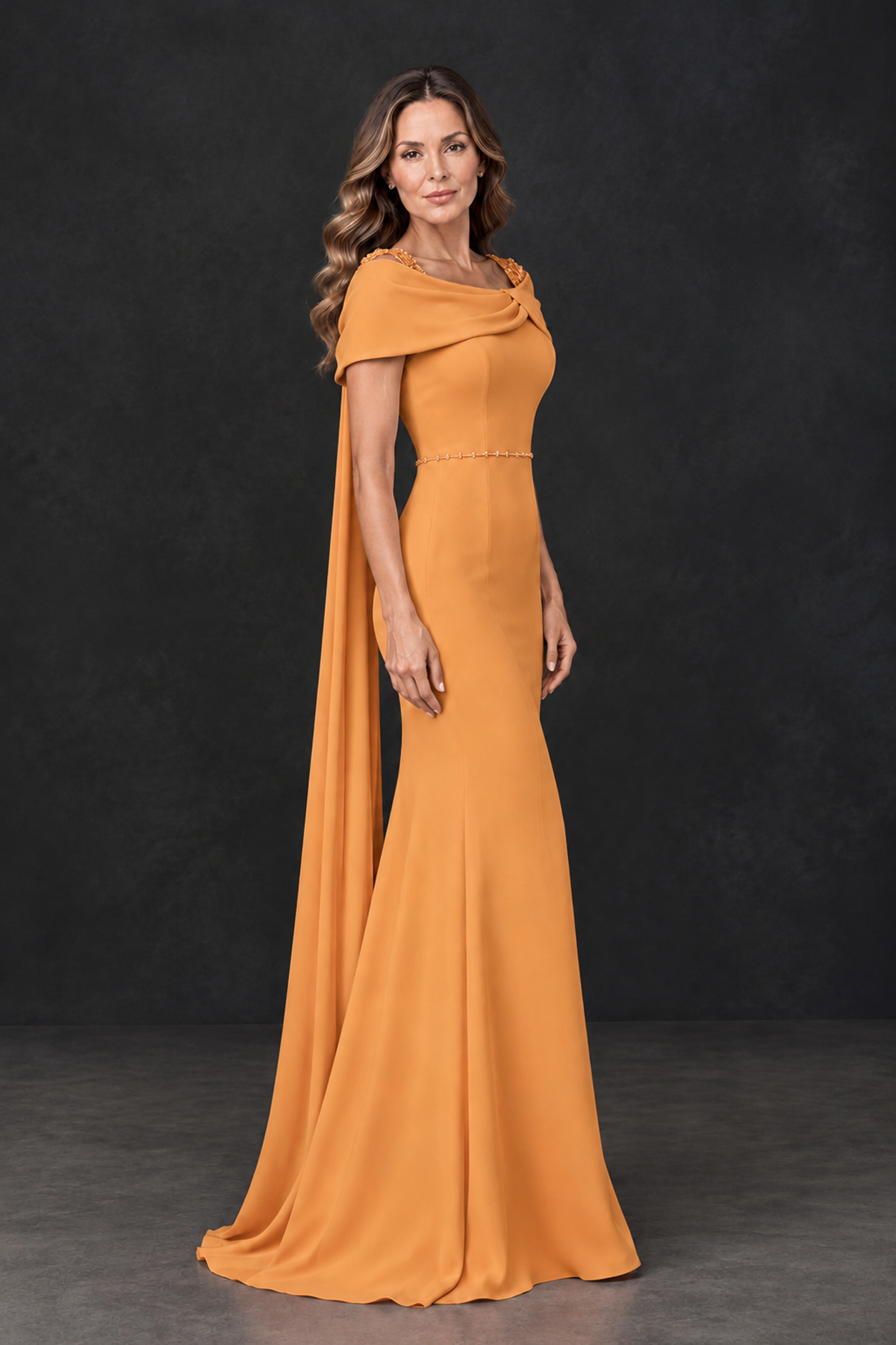 BOLODOO Orange Mother of the Bride Dress with Draped Cape Detail - Orange - Orange_3