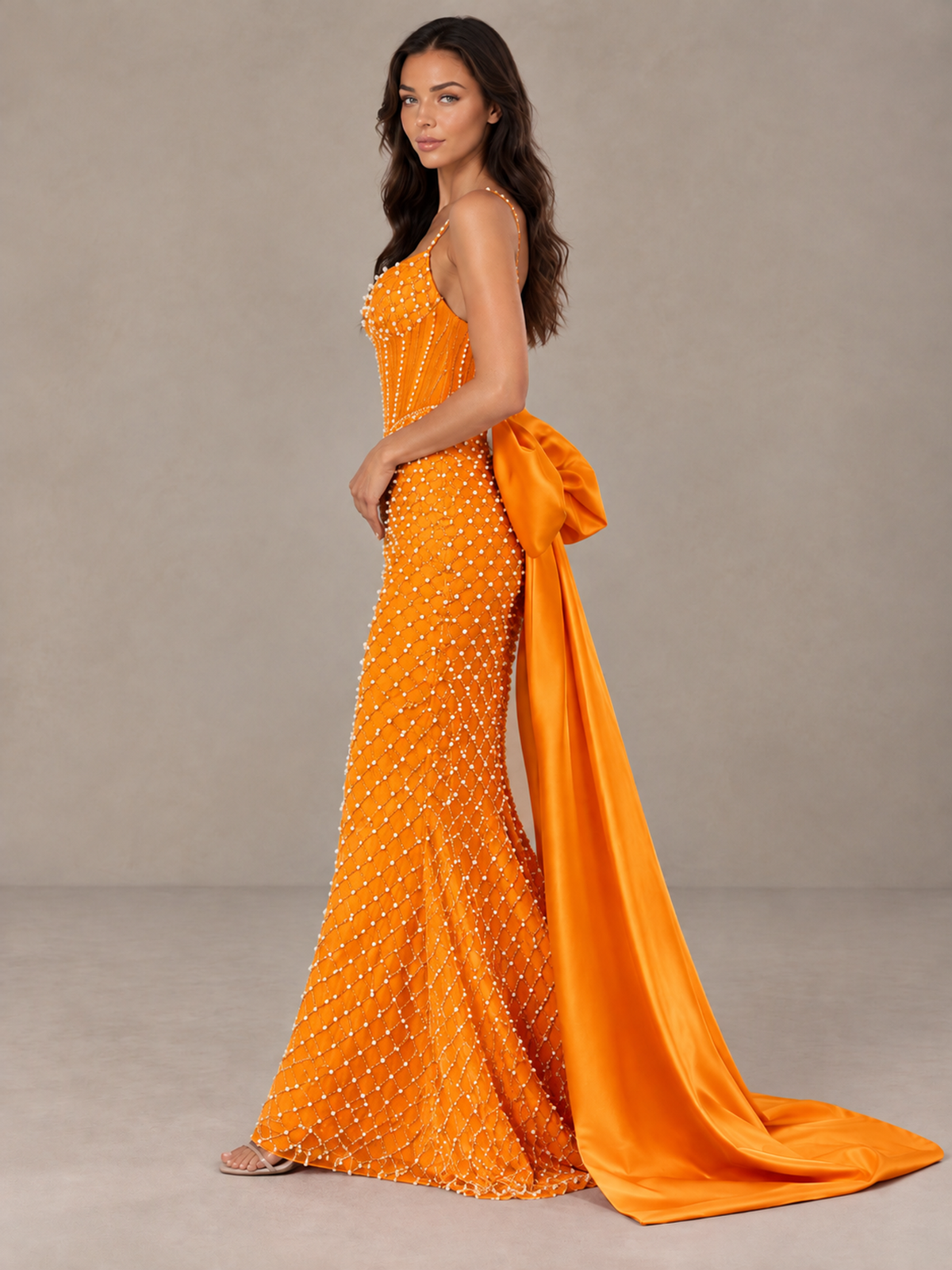BOLODOO Orange Beaded Corset Prom Dress with Bow Train - Orange - Orange_3
