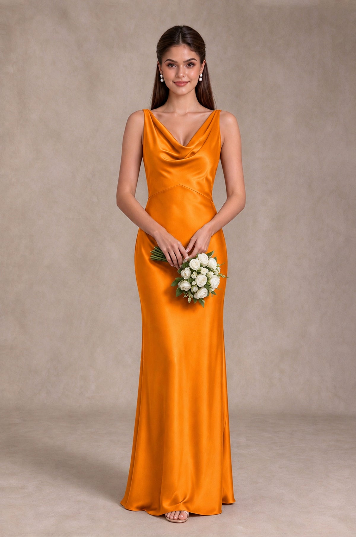 BOLODOO Orange Cowl Neck Open Back Satin Bridesmaid Dress - Orange - Orange_3