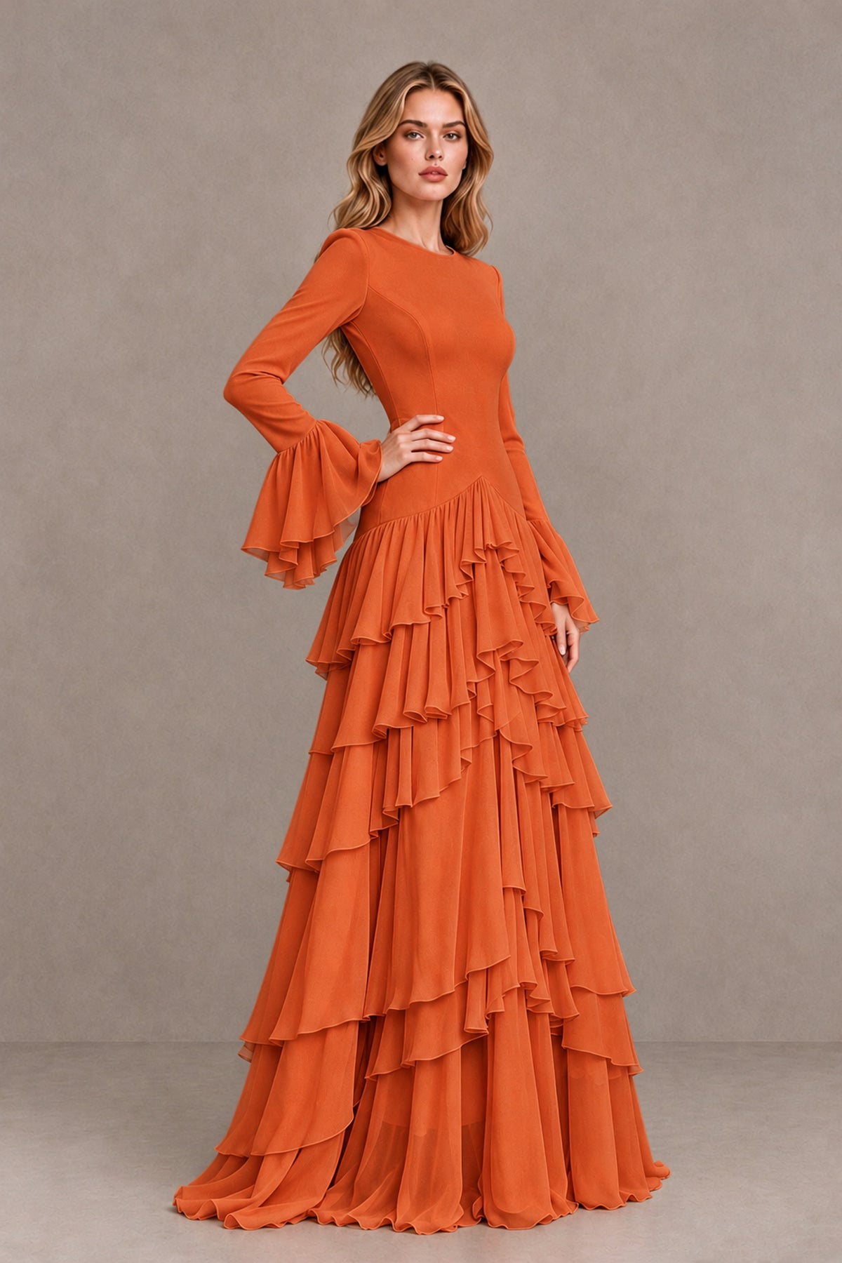 Orange Long Sleeve Tiered Ruffle Evening Gown - Orange - Orange_3
