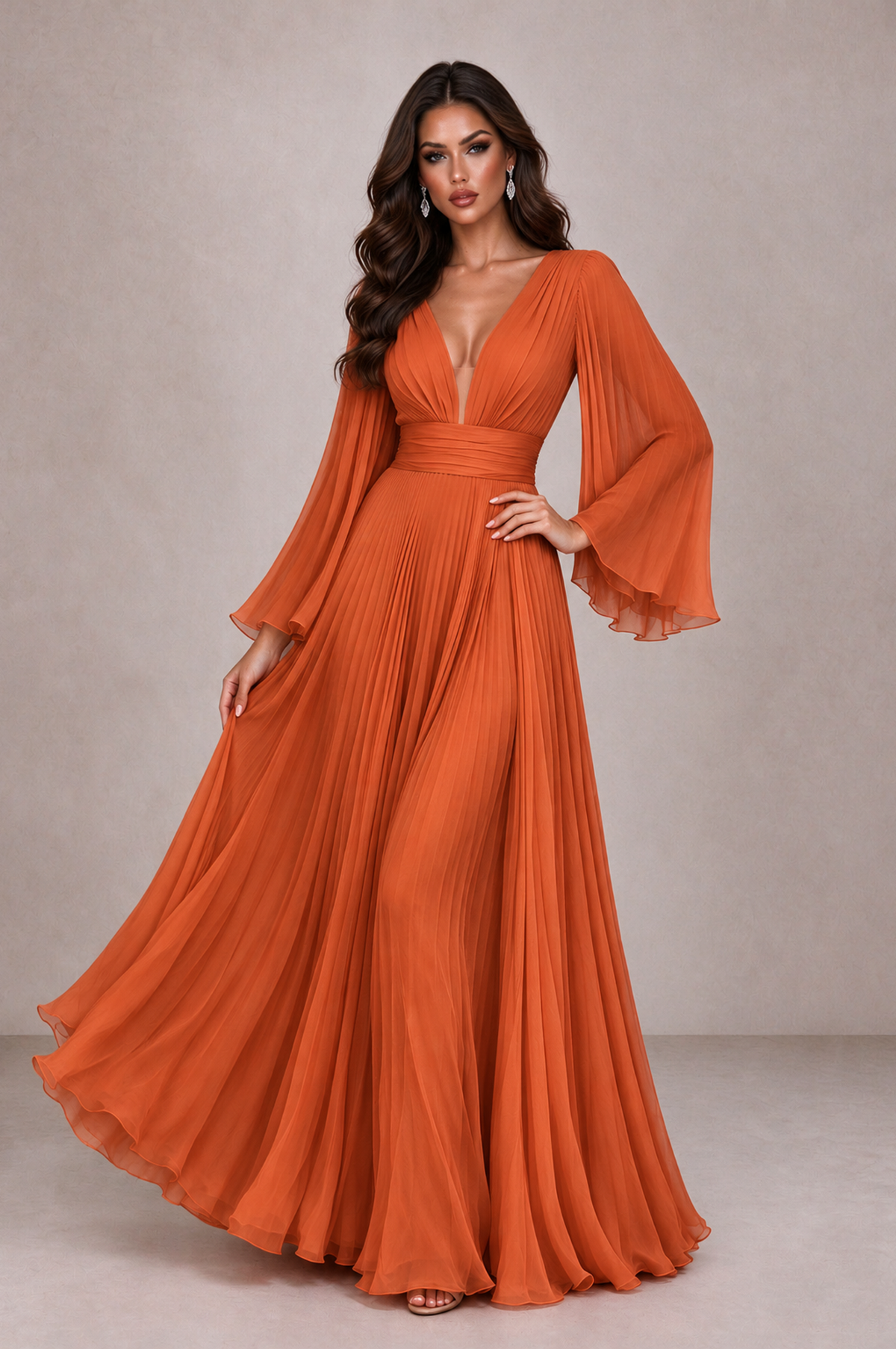 BOLODOO Orange Pleated Deep V-Neck Long Bell Sleeve Evening Dress - Orange - Orange_3