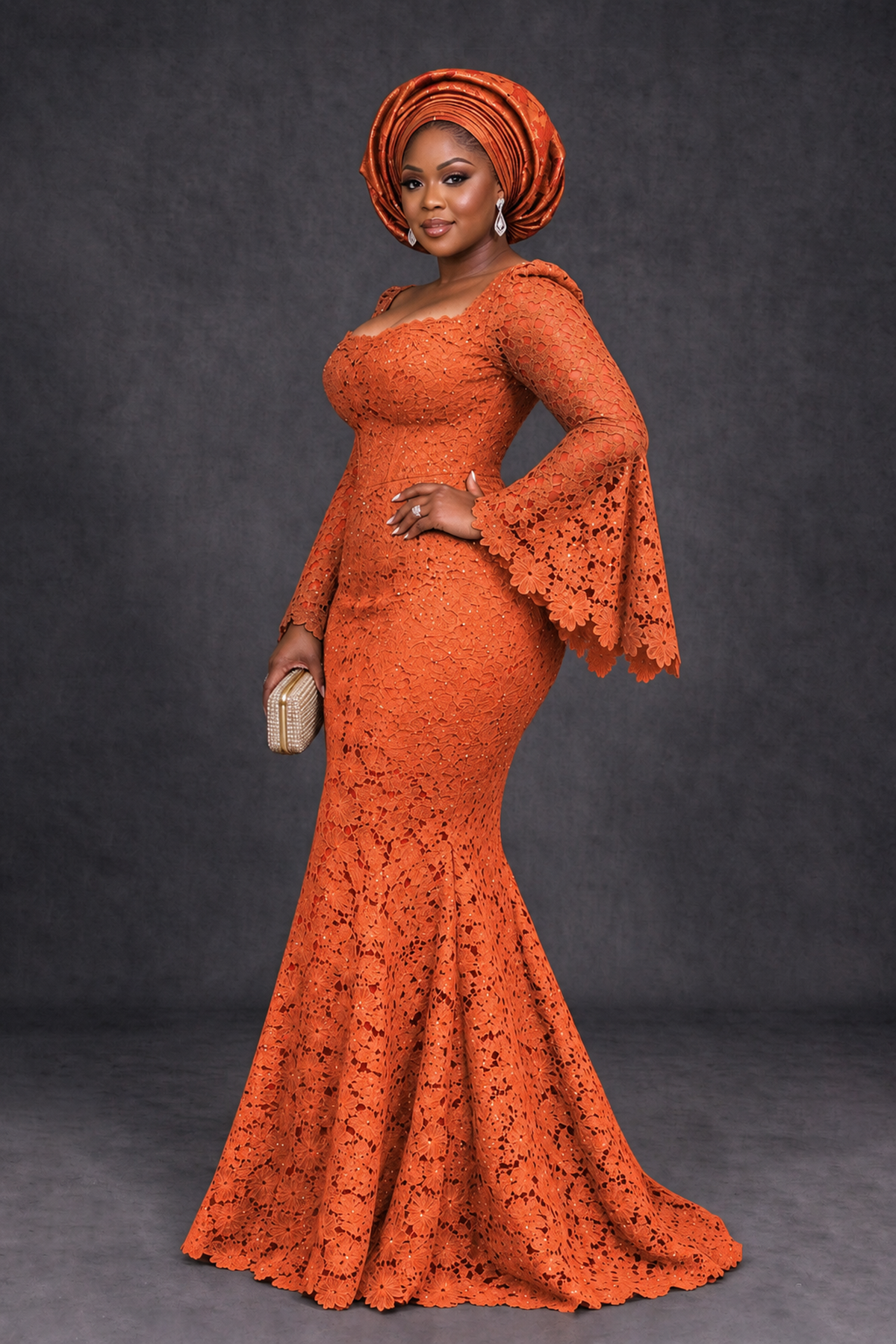 BOLODOO Orange African Lace Mermaid Dress, Plus Size Nigerian Wedding Guest Gown with Bell Sleeves - Orange - Orange_3