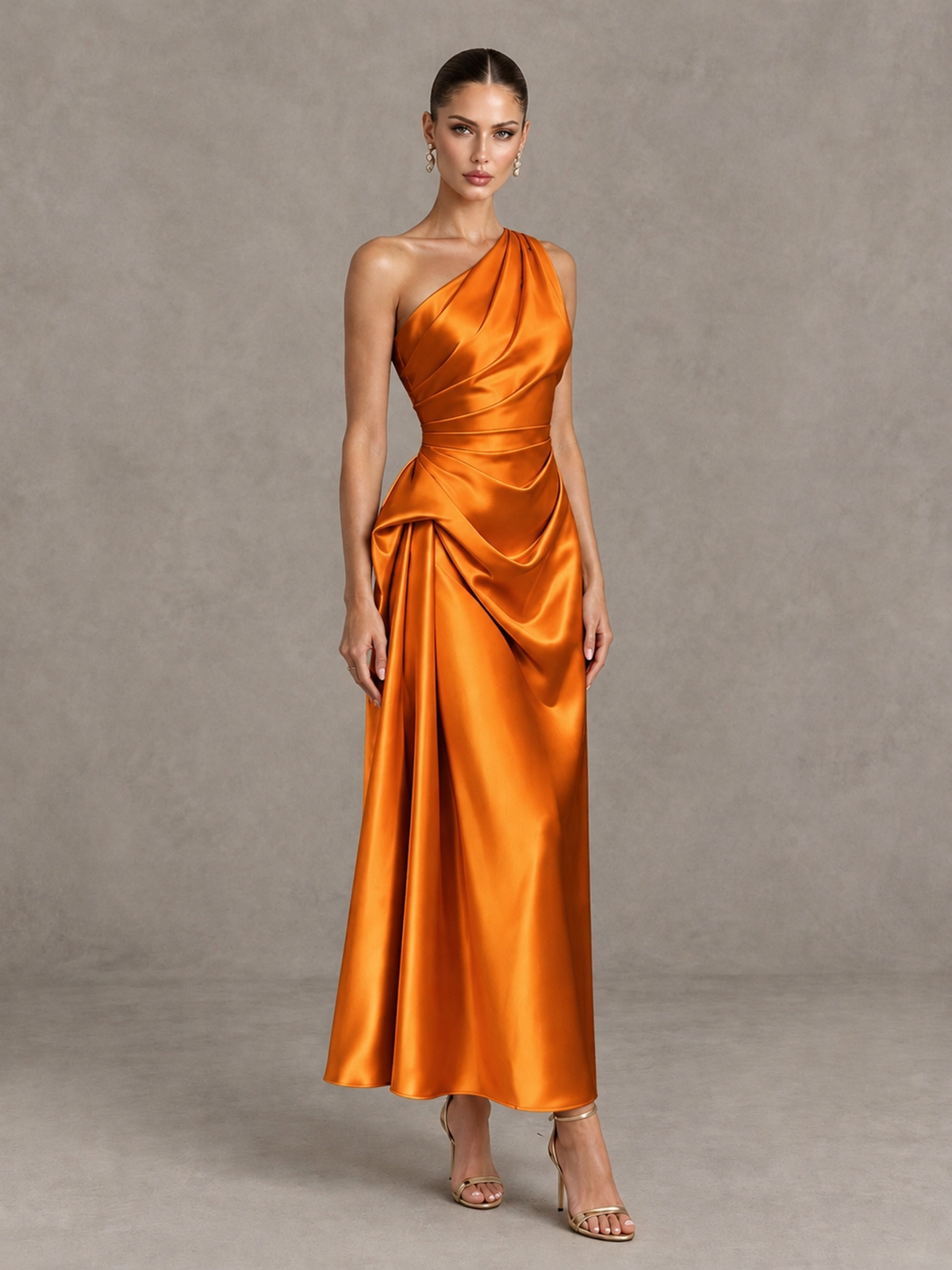 BOLODOO Orange One Shoulder Satin Cocktail Dress with Draped A-Line Skirt - Orange - Orange_3