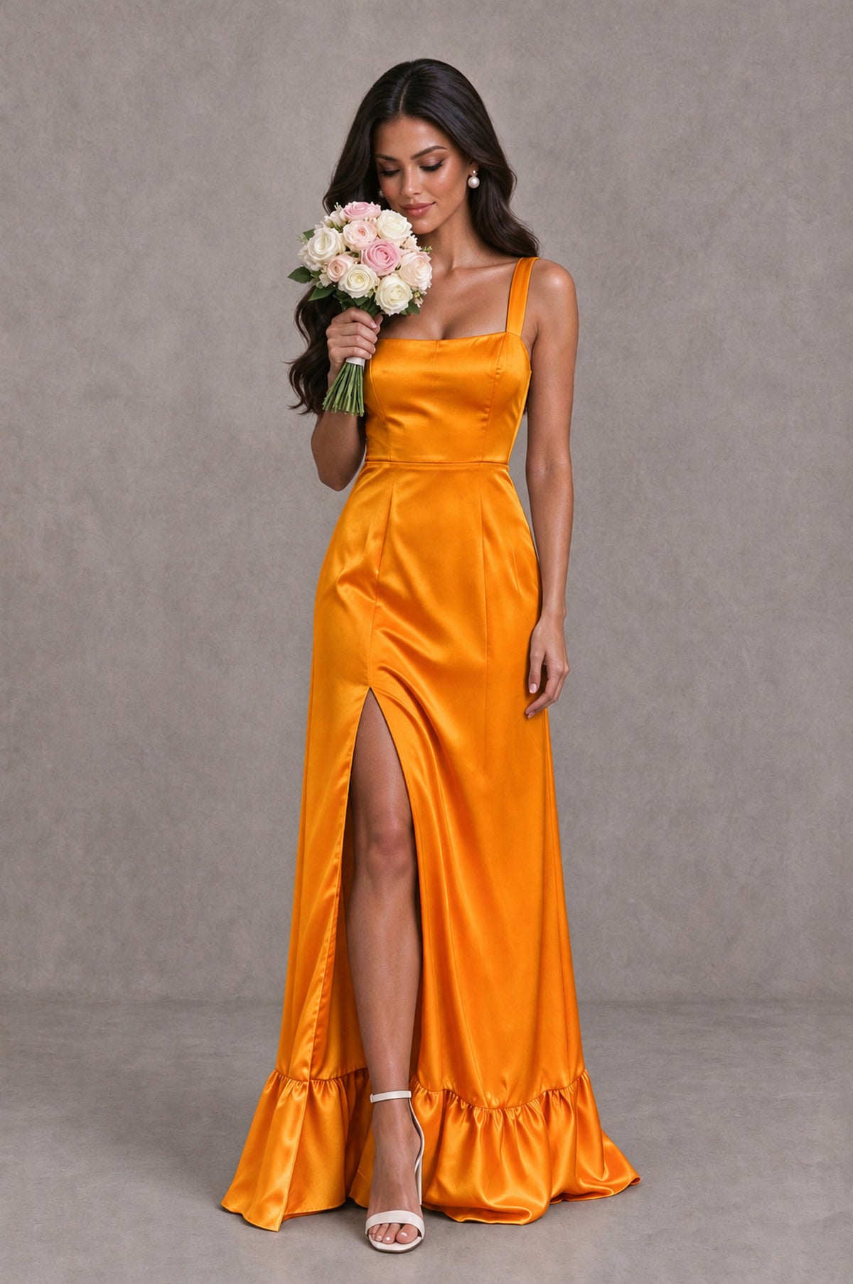 BOLODOO Orange Square Neck Satin Evening Dress with Lace-Up Back and High Slit - Orange - Orange_3