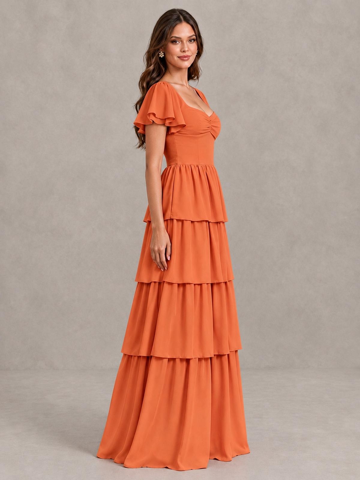 BOLODOO Orange Flutter Sleeve Tiered Maxi Bridesmaid Dress - Orange - Orange_3