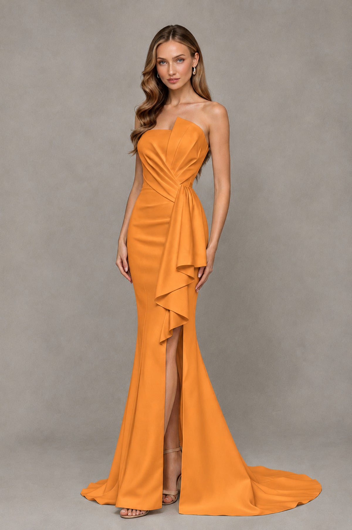 BOLODOO Orange Strapless Mermaid Evening Dress with Ruffle Slit and Train - Orange - Orange_3