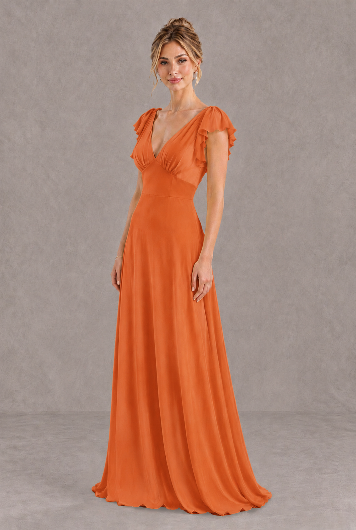 BOLODOO Orange V-Neck Flutter Sleeve A-Line Bridesmaid Dress - Orange - Orange_3