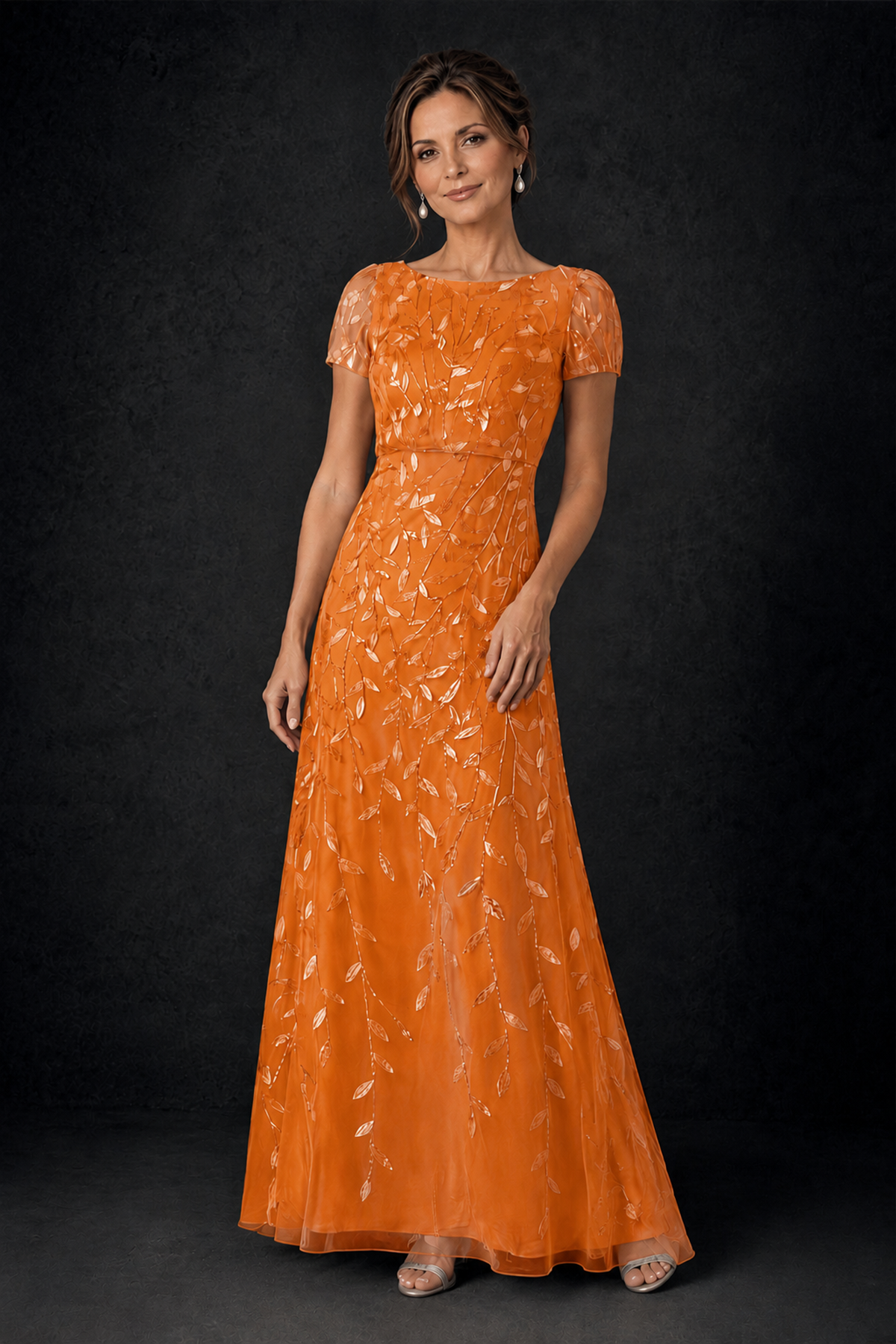 BOLODOO Orange Leaf Embroidered A-Line Formal Gown with Cap Sleeves - Orange - Orange_3