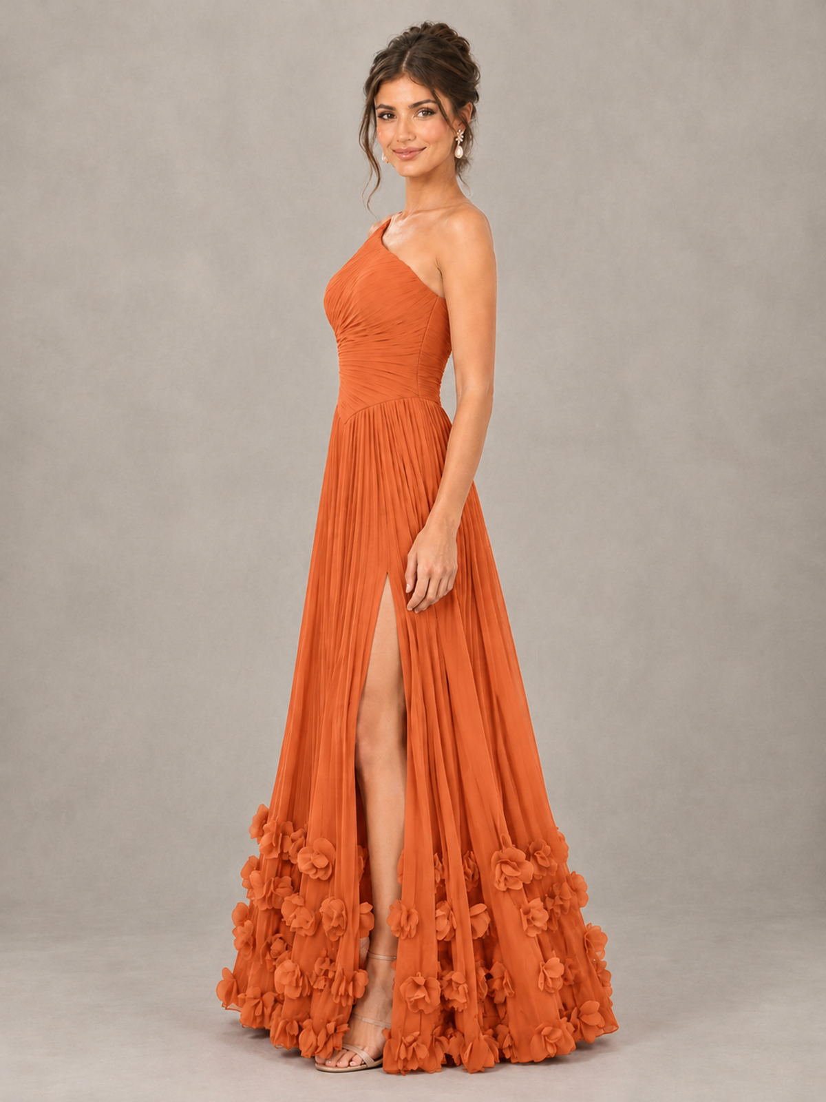 BOLODOO Orange One-Shoulder Pleated Bridesmaid Dress with 3D Floral Hem - Orange - Orange_3