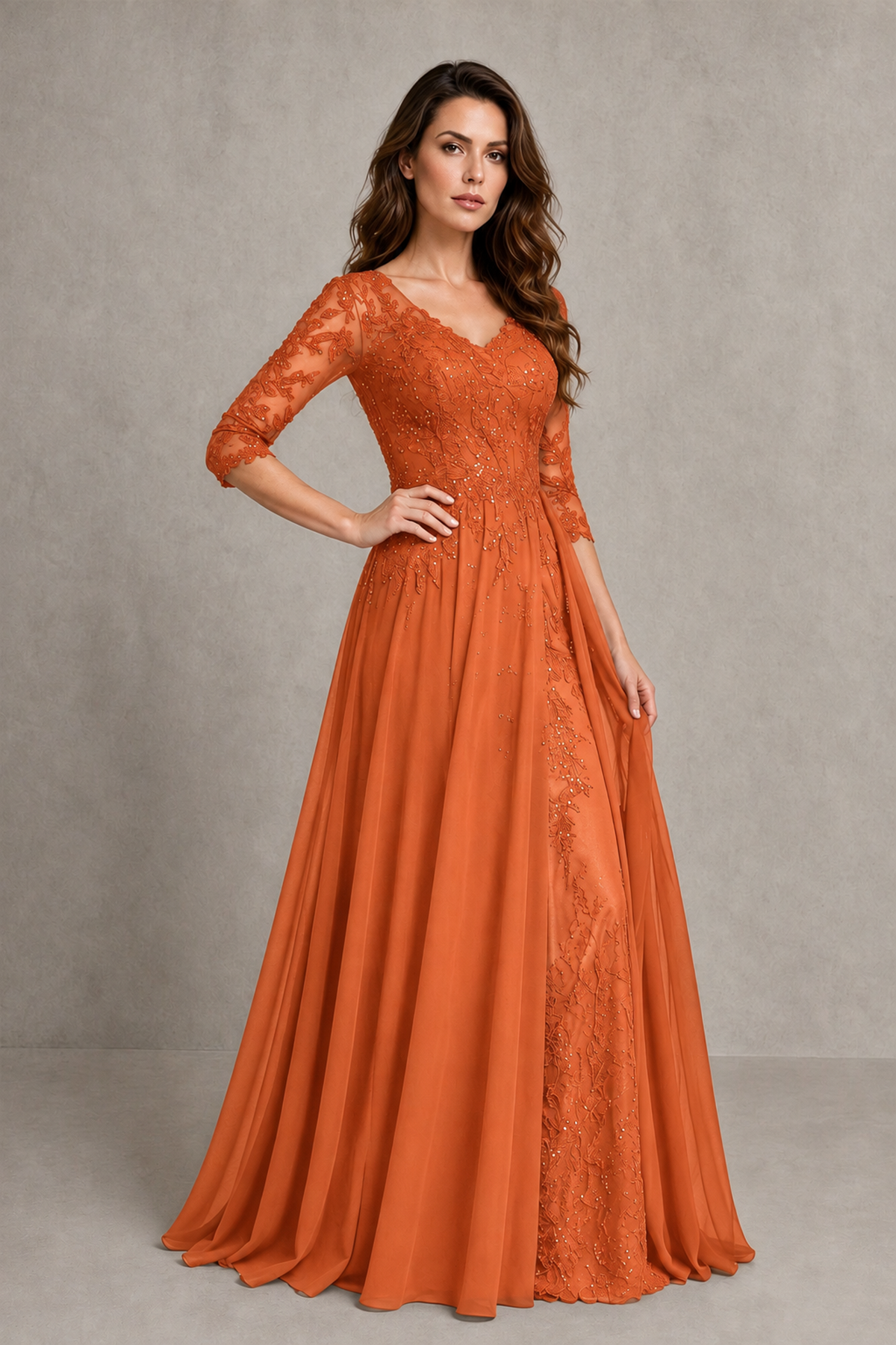BOLODOO Midnight Orange Beaded Lace Appliqué Chiffon A-Line Gown | Mother of the Bride & Formal Evening Dress - Orange - Orange_3