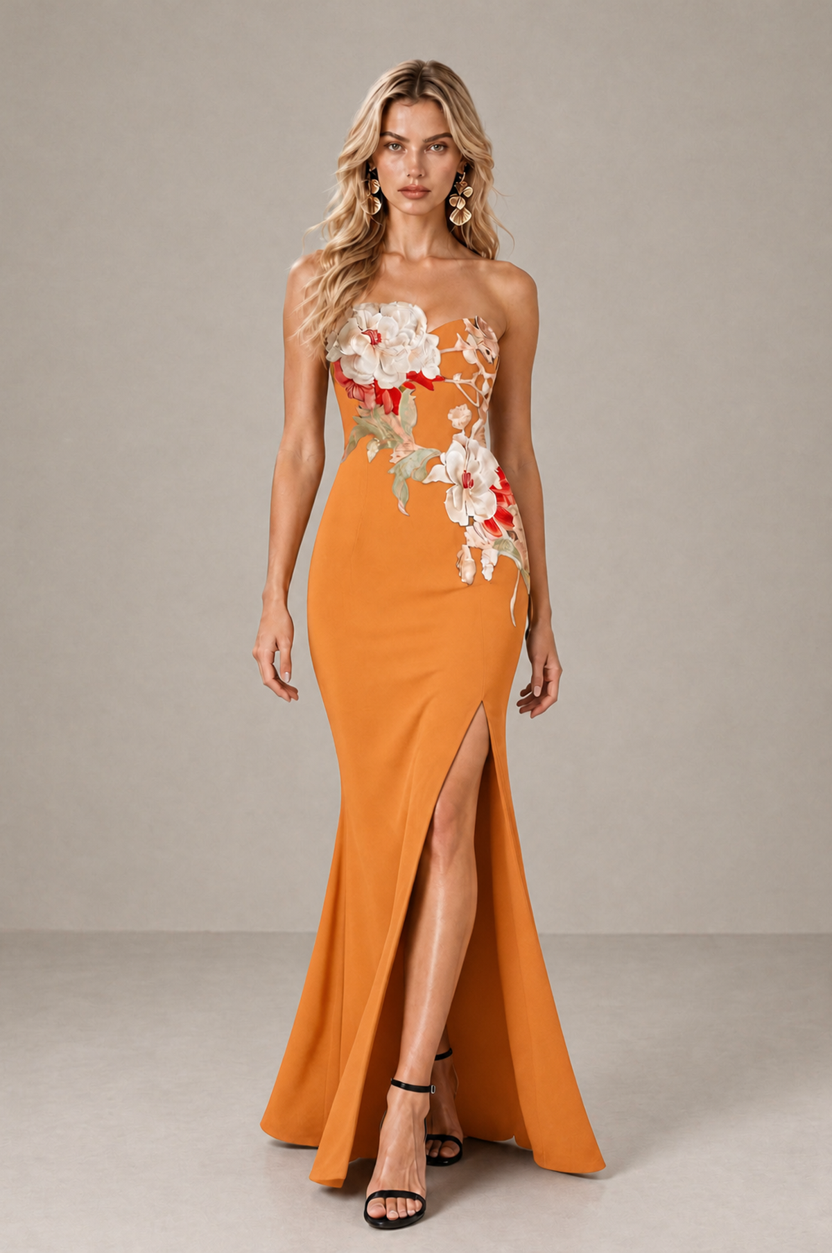 BOLODOO Orange Strapless Floral Mermaid Evening Dress with Slit - Orange - Orange_3