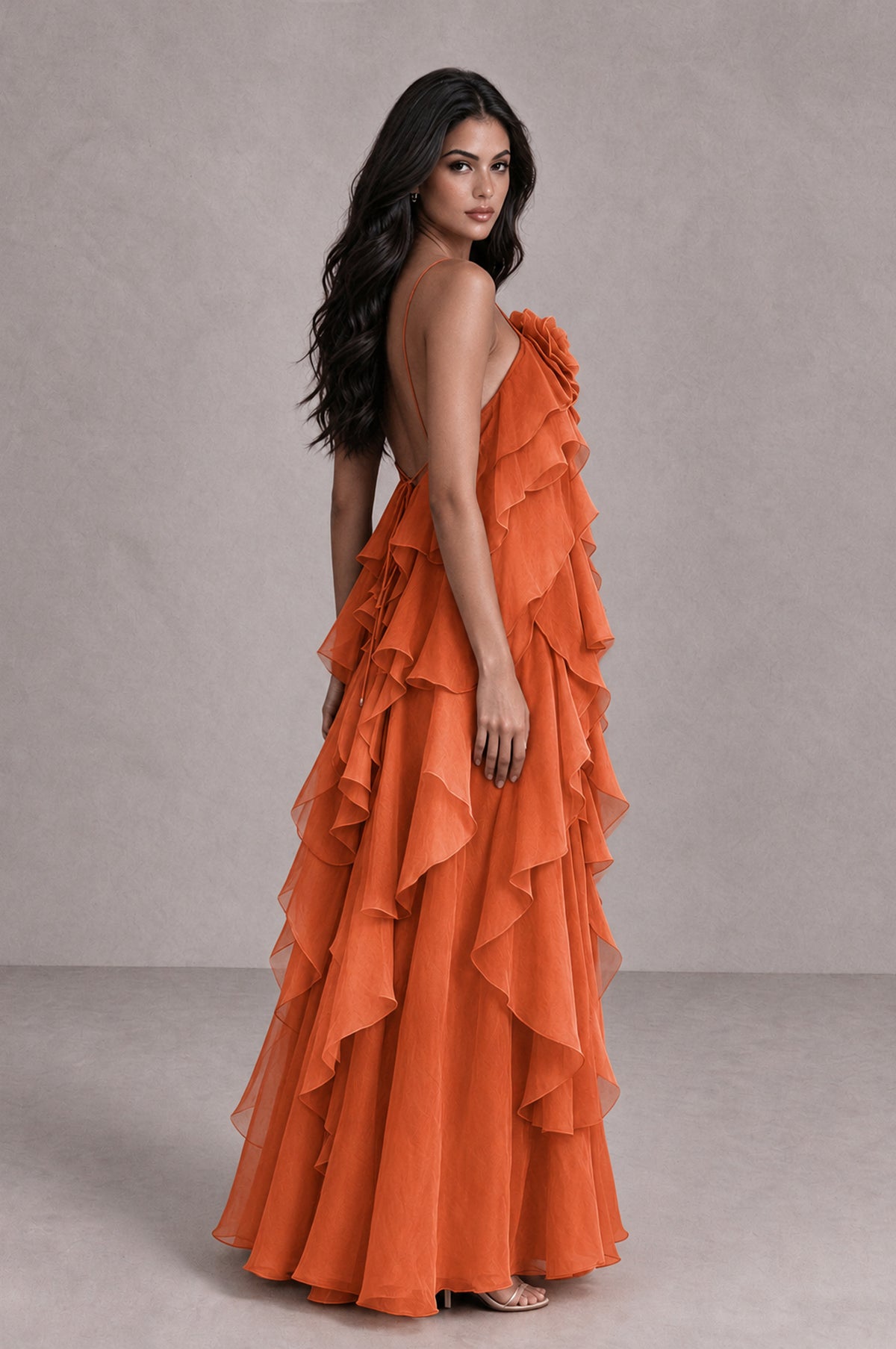 BOLODOO Orange Cascading Ruffle Rosette Open-Back Maxi Dress - Orange - Orange_3