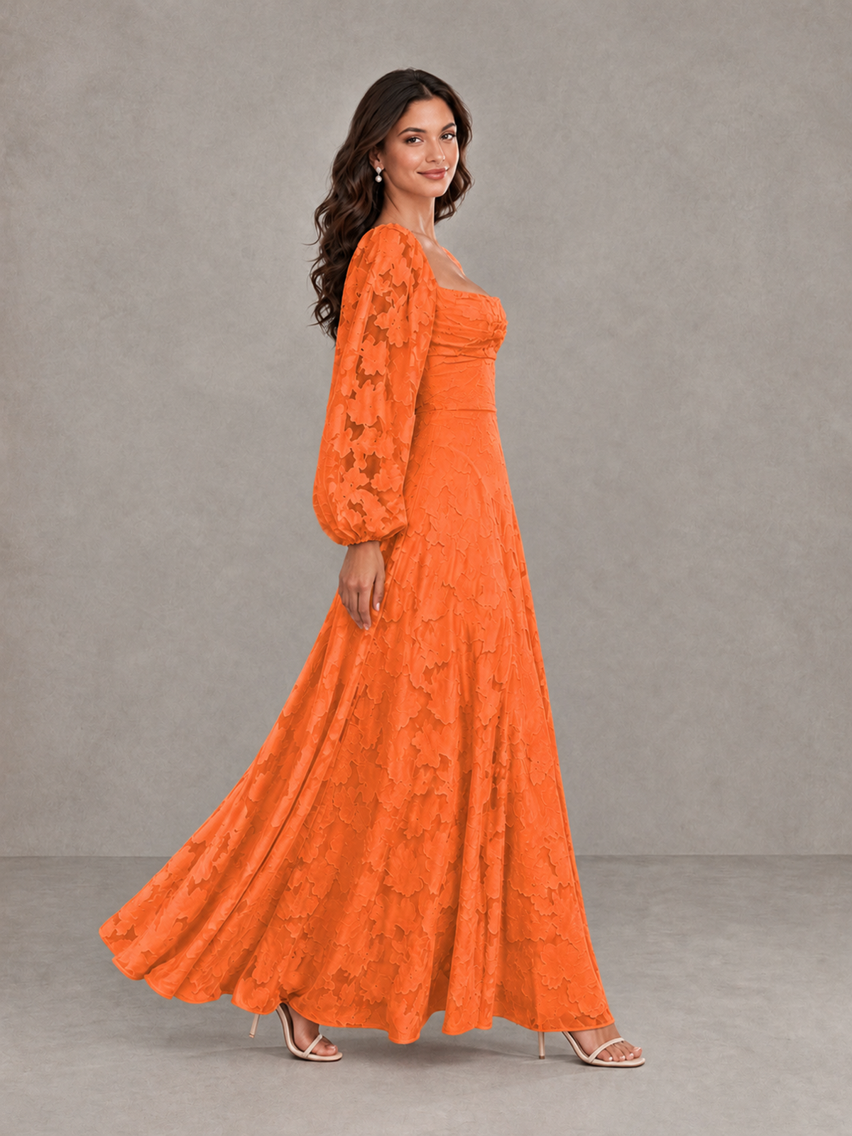 BOLODOO Orange Floral Long Sleeve A-Line Bridesmaid Dress - Orange - Orange_3
