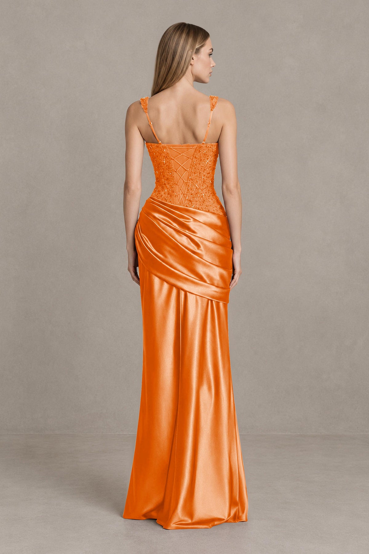 BOLODOO Orange Square Neck Embellished Satin Evening Gown - Orange