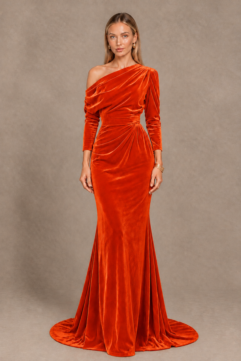 BOLODOO Orange Velvet Asymmetric Neck Mermaid Evening Dress - Orange - Orange_3
