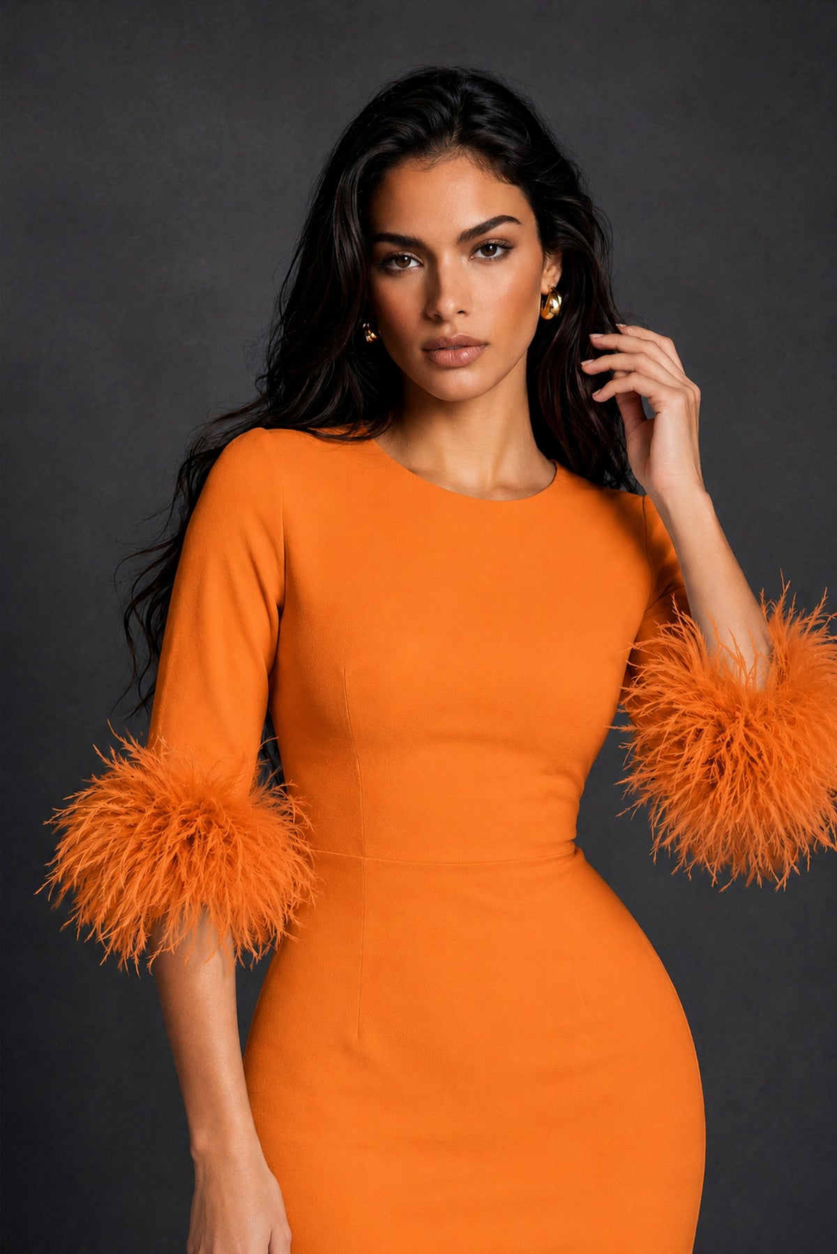 BOLODOO Orange Ostrich Feather Cuff 3/4 Sleeve Round Neck Bodycon Midi Dress with Back Slit - Orange