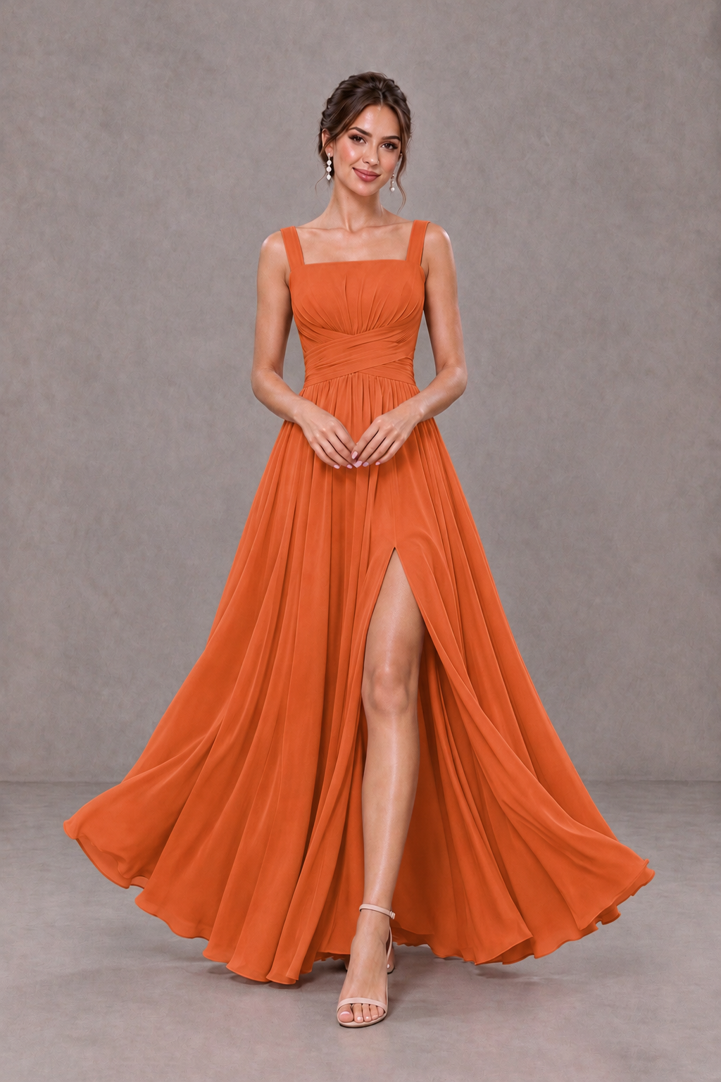 BOLODOO Orange Square Neck A-Line Bridesmaid Dress with Slit - Orange - Orange_3