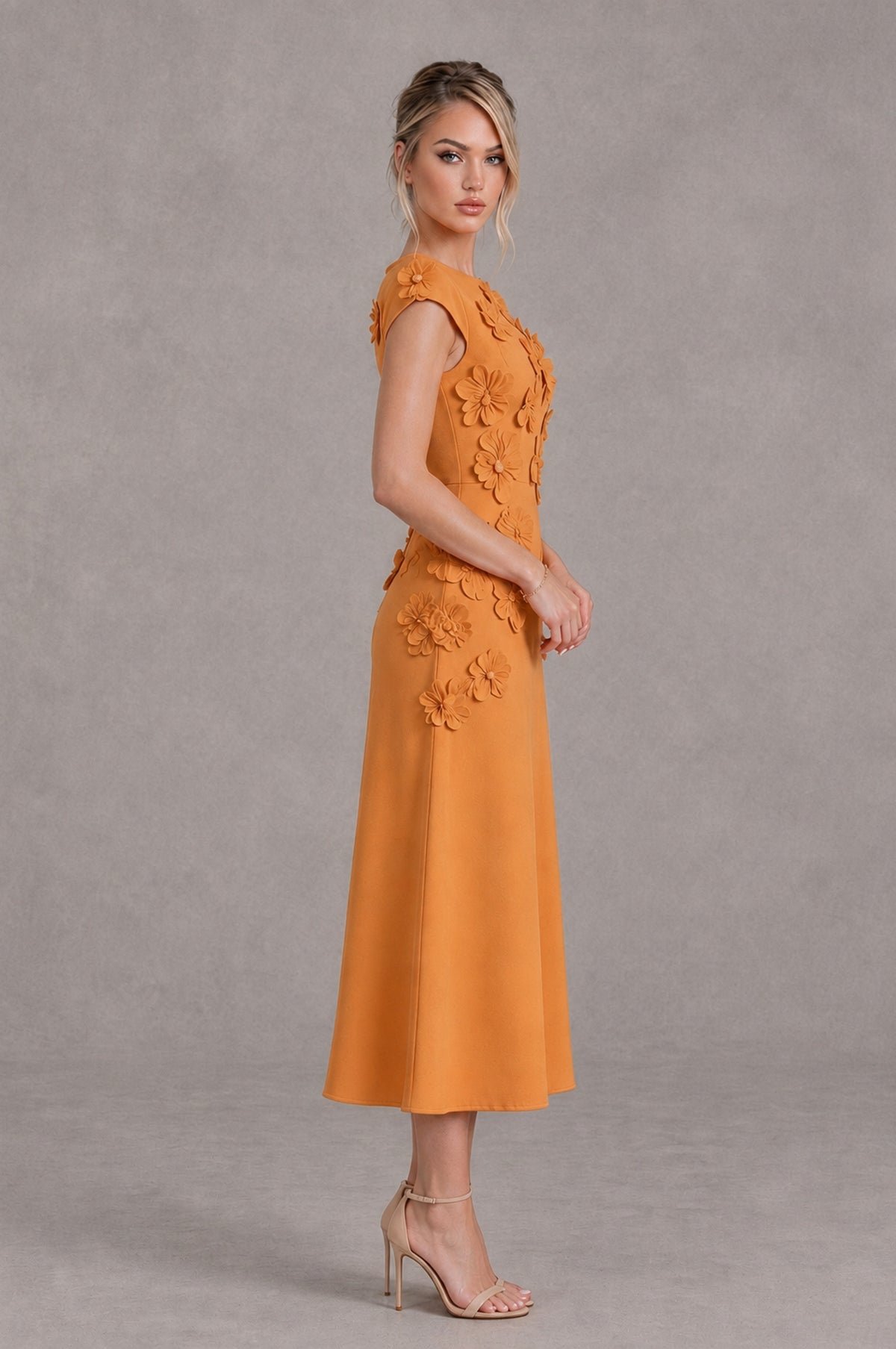 BOLODOO Orange 3D Floral Cap Sleeve Midi Cocktail Dress - Orange - Orange_3
