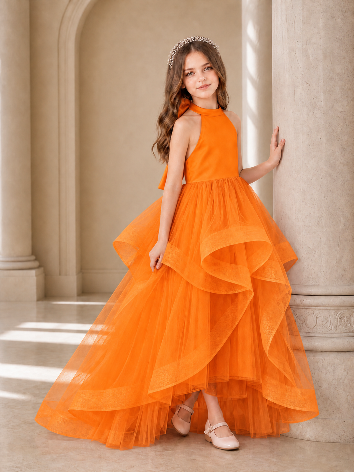 BOLODOO Orange Halter Tiered Tulle Flower Girl Dress with Bow Back - Orange - Orange_3