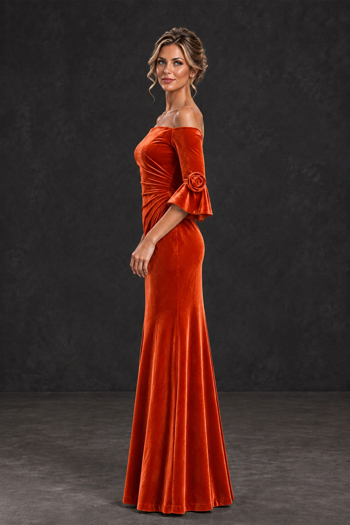 BOLODOO Orange Velvet Off-Shoulder Mother of the Bride Dress – 3/4 Floral Cuff Sleeve Mermaid Evening Gown - Orange - Orange_3
