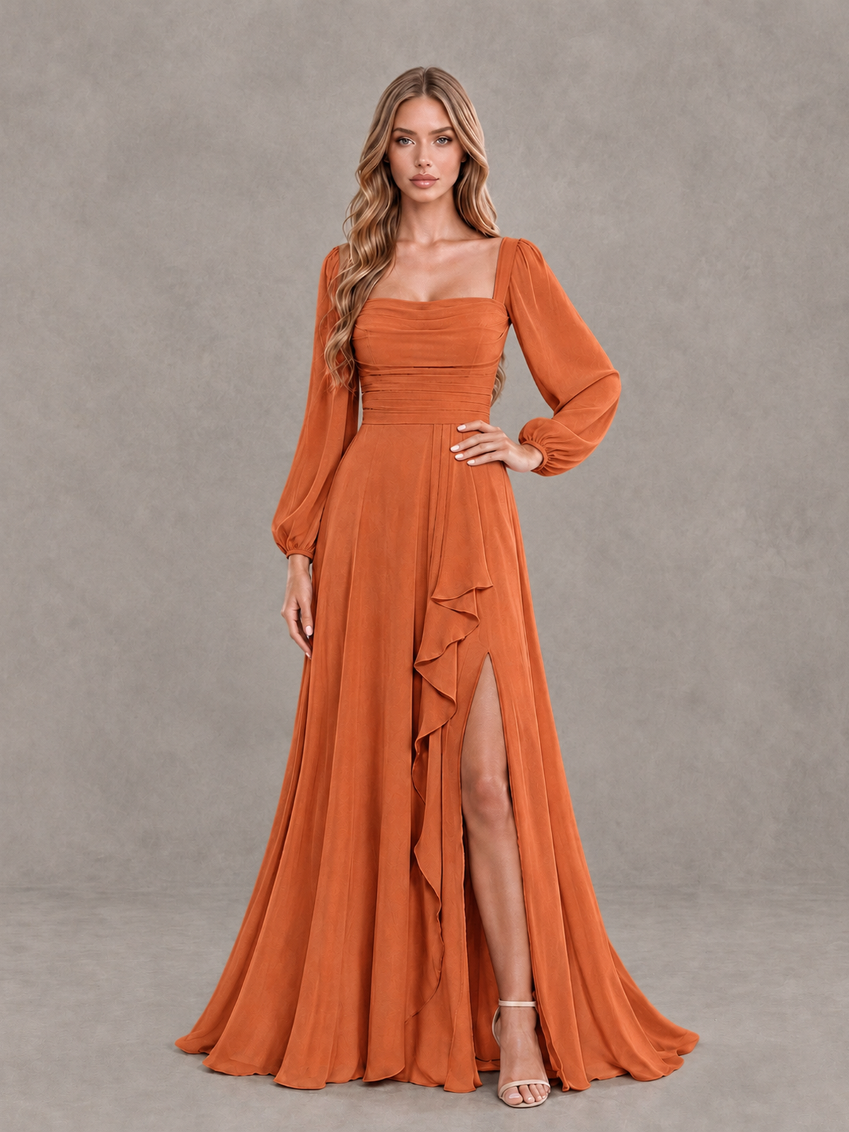 BOLODOO Orange Square Neck Long Sleeve Bridesmaid Dress with Ruffle Slit - Orange - Orange_3