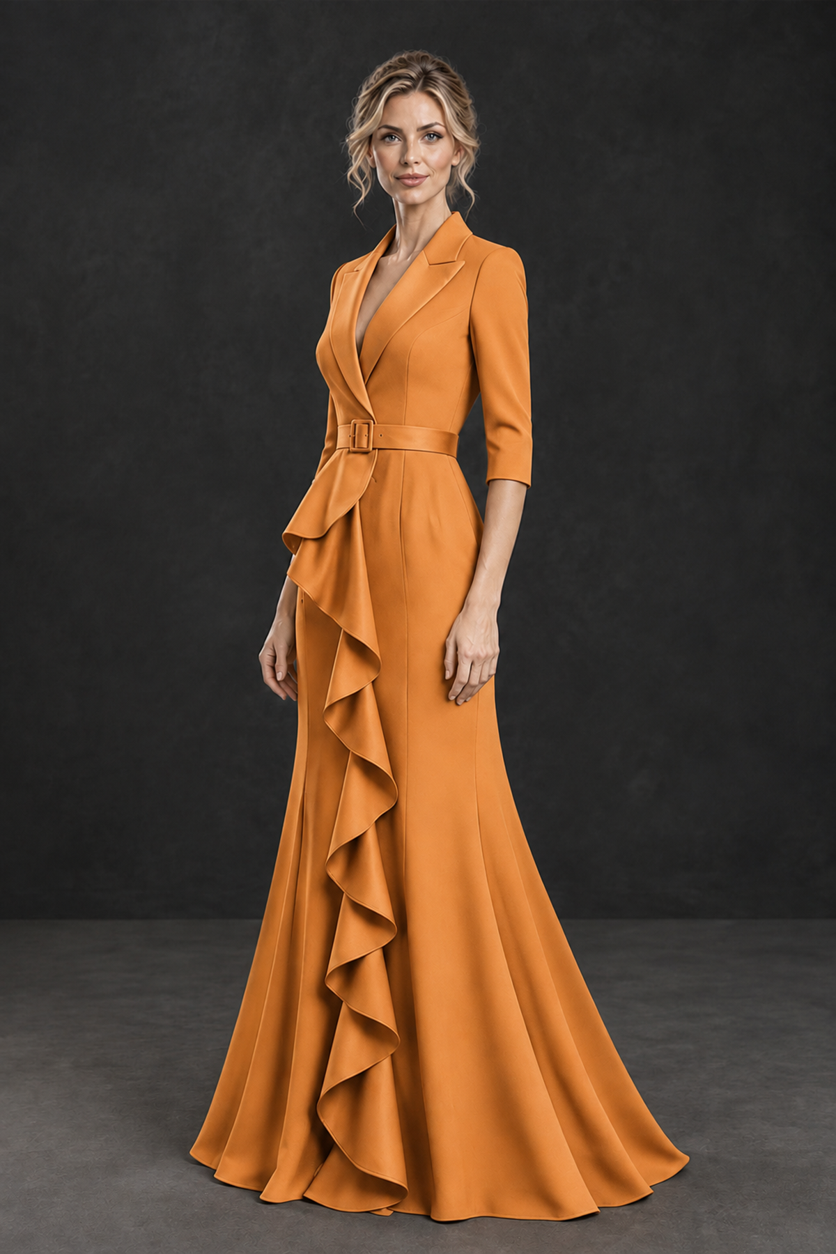 BOLODOO Orange Lapel Ruffle Mother of the Bride Dress with Belt - Orange - Orange_3