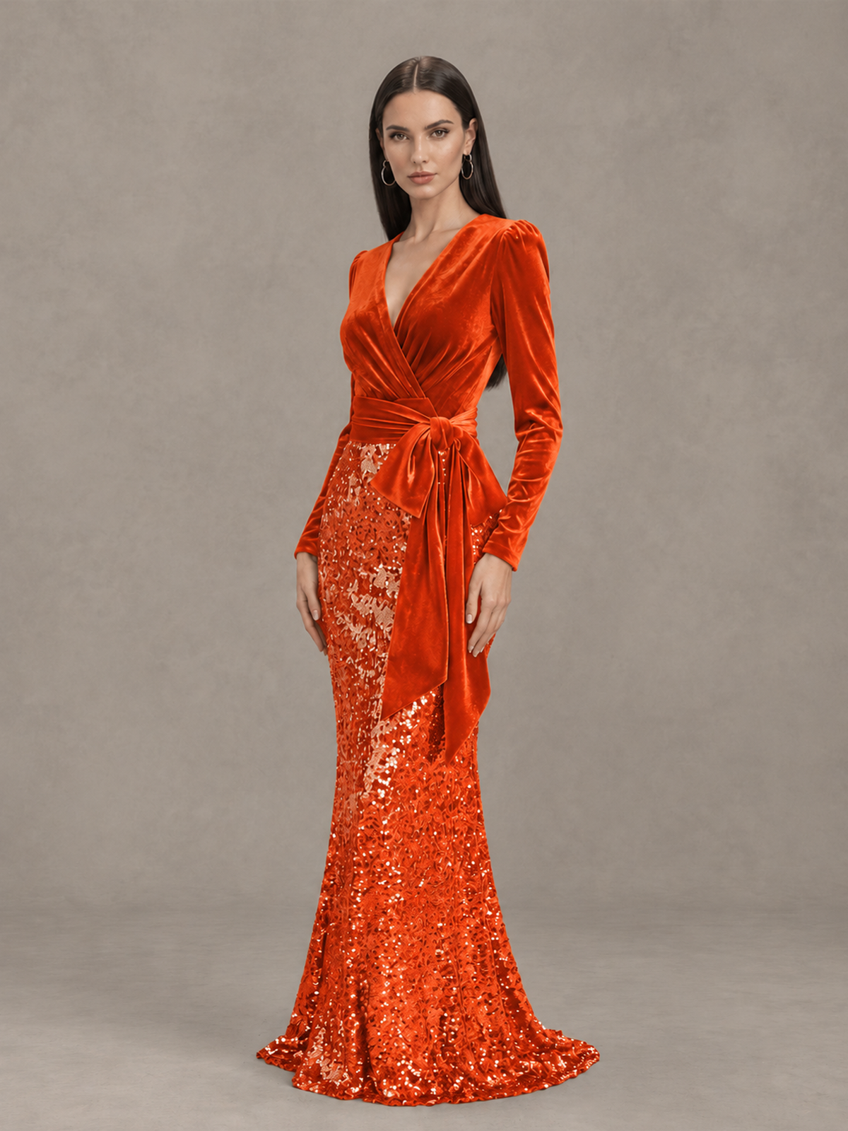 BOLODOO Orange Velvet & Sequin Long Sleeve V-Neck Mermaid Evening Gown - Orange - Orange_3