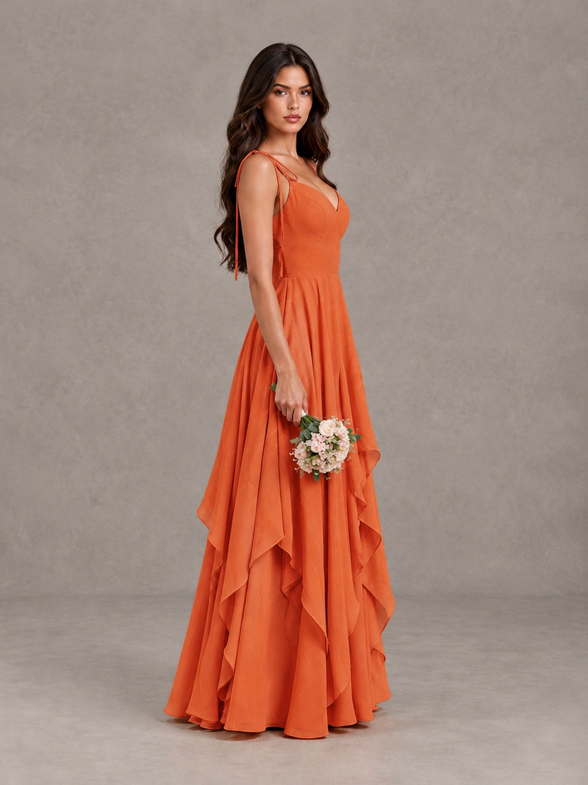 BOLODOO Orange Tie-Strap Ruffle A-Line Bridesmaid Dress - Orange - Orange_3