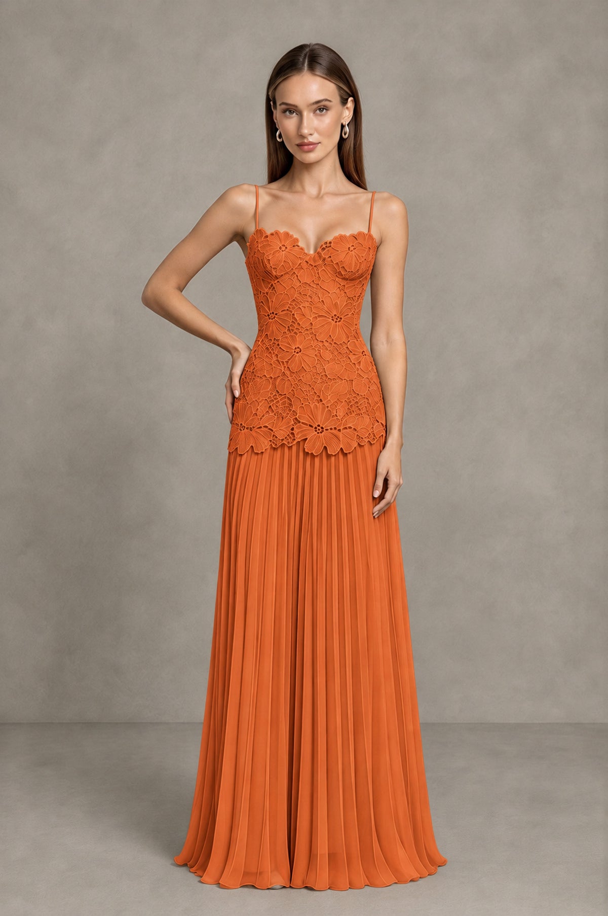 BOLODOO Orange Lace Bodice Pleated Wedding Guest Dress - Orange - Orange_3