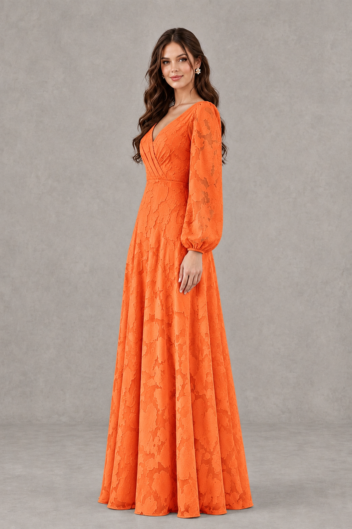 BOLODOO Orange Long Sleeve V-Neck A-Line Mother of the Bride Dress - Orange - Orange_3