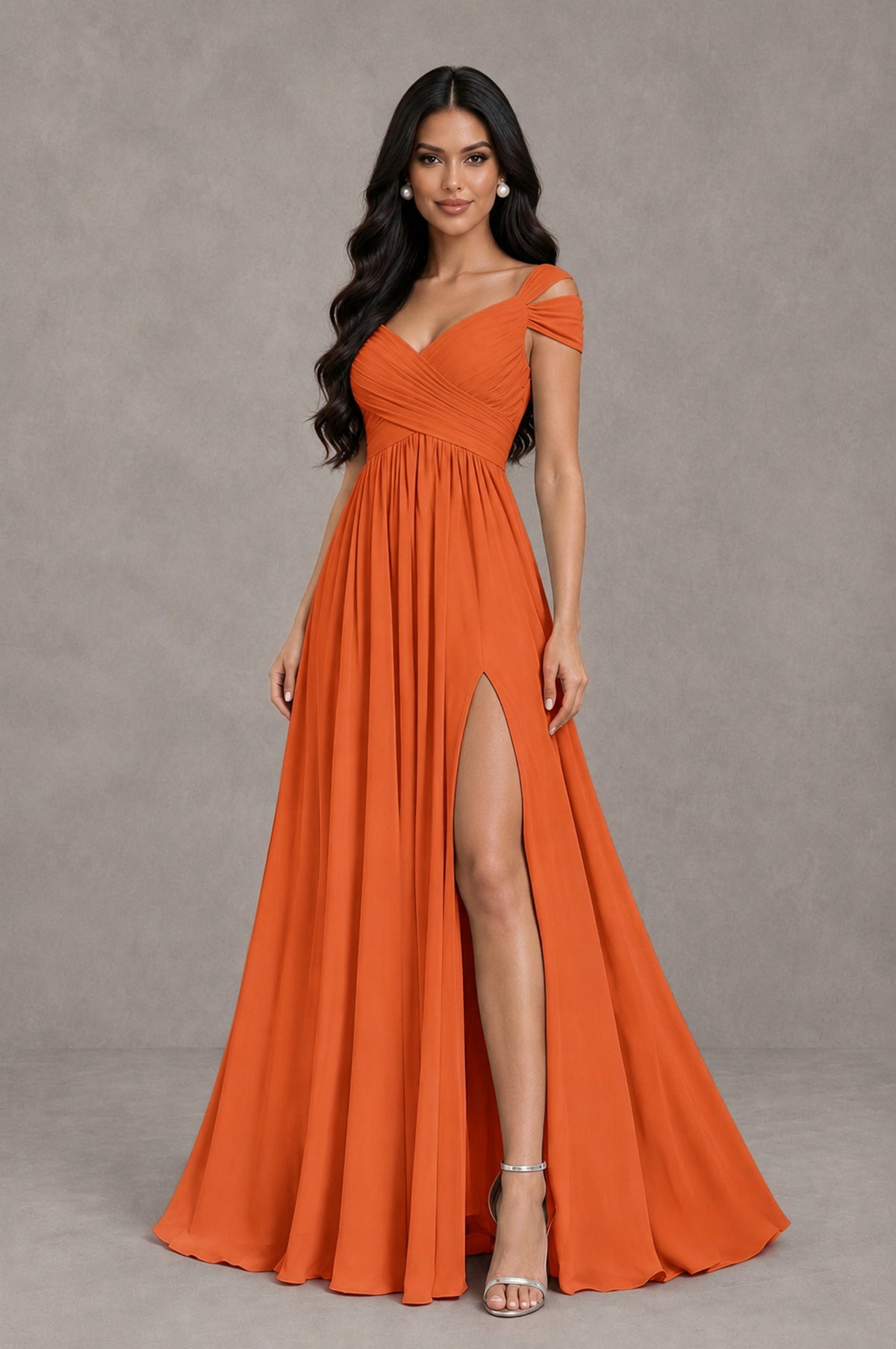 BOLODOO Orange Cold Shoulder Chiffon Evening Dress with V Neck and High Slit - Orange - Orange_3