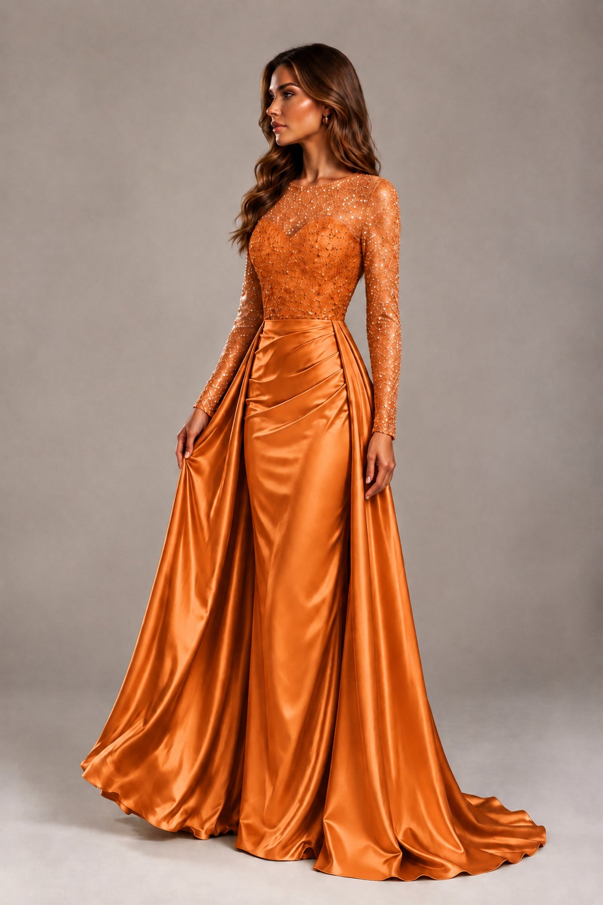 BOLODOO Orange Long Sleeve Embellished Satin Evening Gown with Sweep Train - Orange - Orange_3