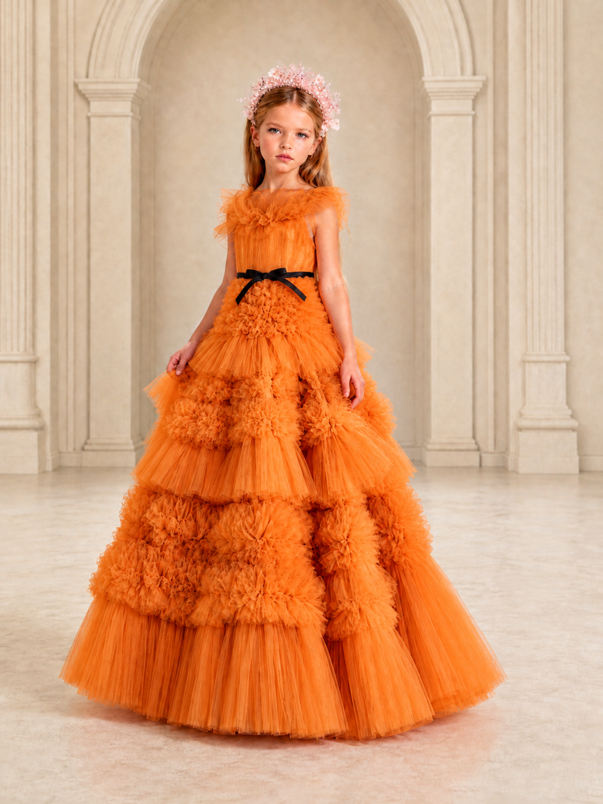 BOLODOO Orange Tiered Tulle Flower Girl Dress with Floral Appliques - Orange - Orange_4