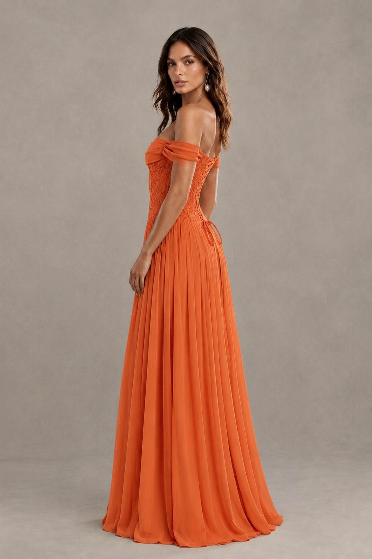 BOLODOO Orange Off-Shoulder Lace Corset Tulle Maxi Dress - Orange - Orange_4
