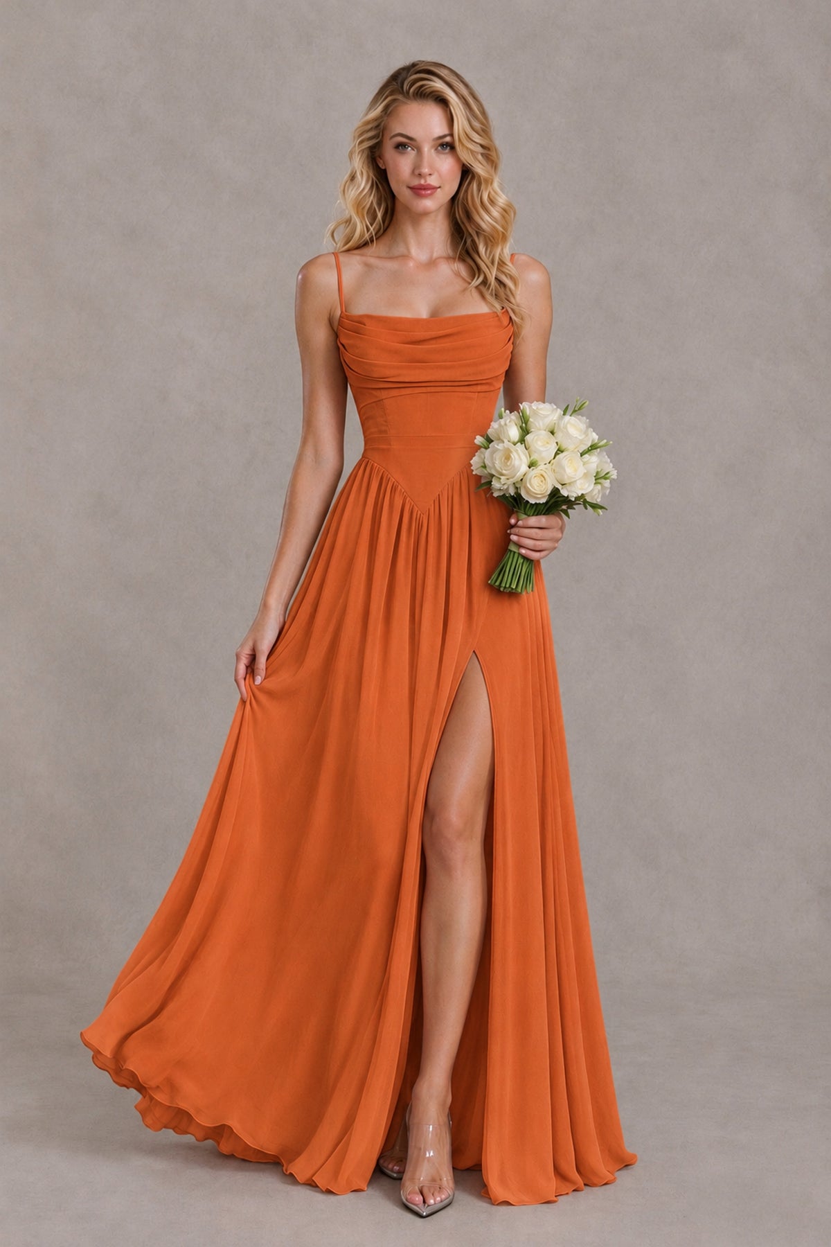 BOLODOO Orange Spaghetti Strap A-Line Bridesmaid Dress with Slit - Orange - Orange_4