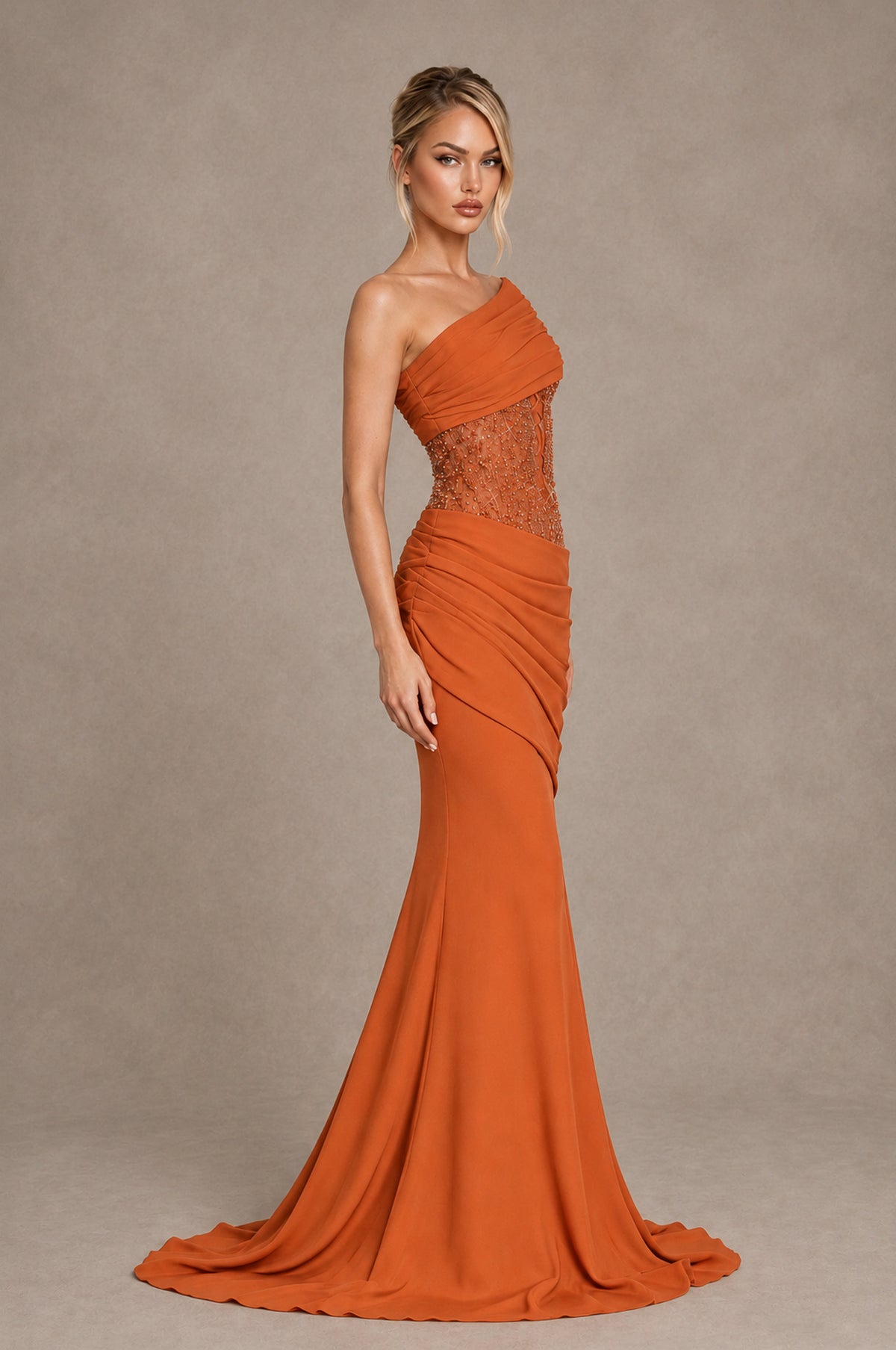 BOLODOO Orange One-Shoulder Sequin Embroidered Ruched Mermaid Gown with Train - Orange - Orange_4