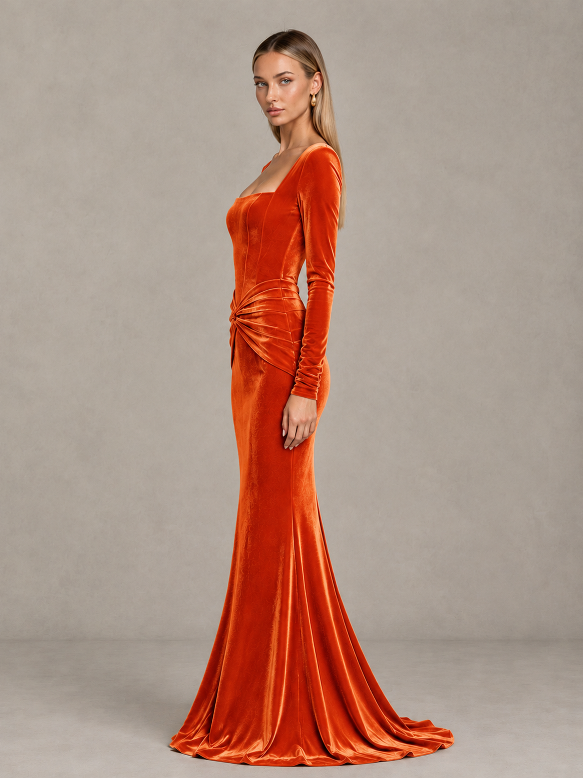 BOLODOO Orange Velvet-Look Square Neck Long Sleeve Mermaid Evening Dress - Orange - Orange_4