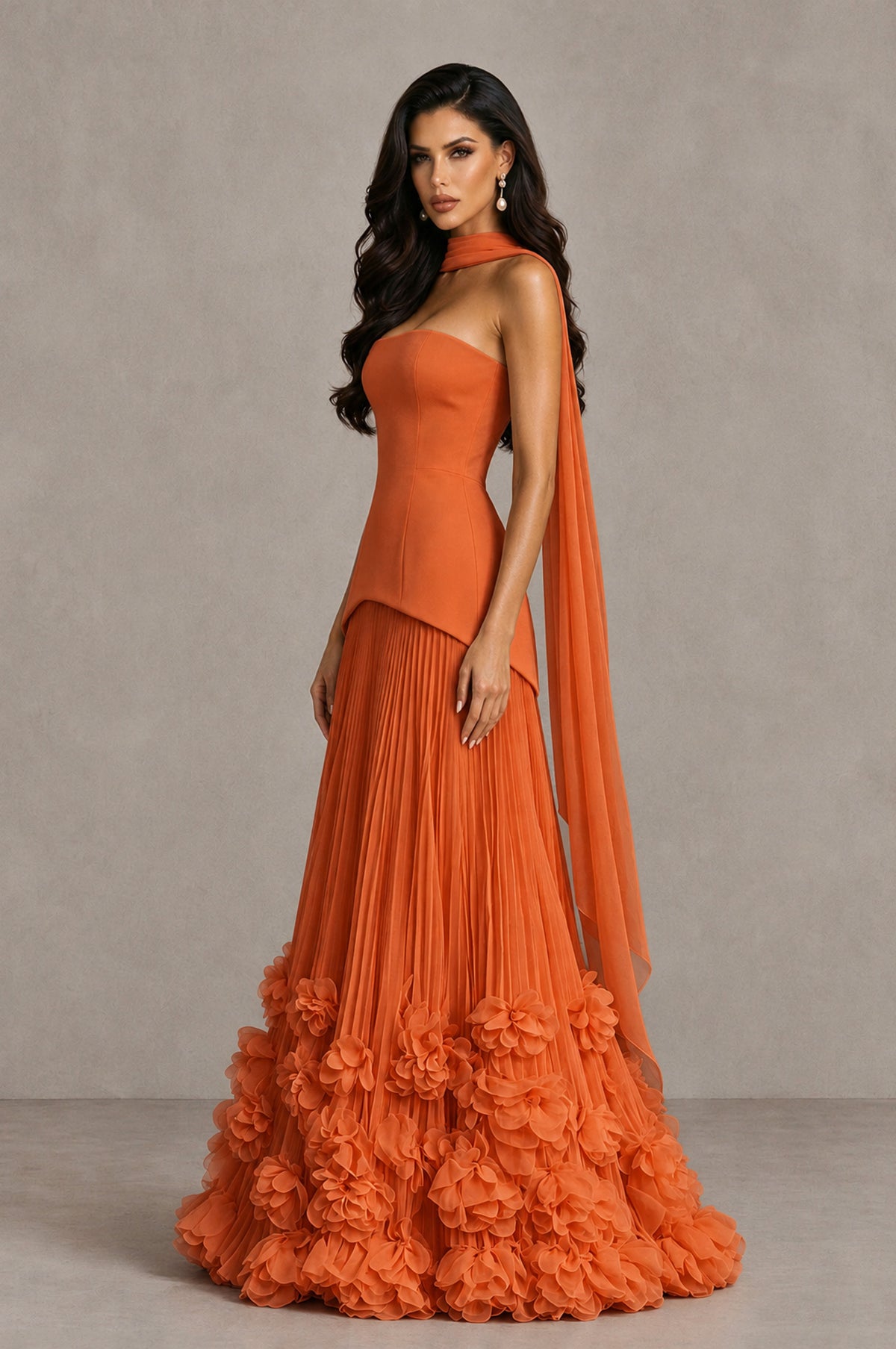 BOLODOO Orange Strapless Pleated Floral Hem Evening Gown - Orange - Orange_4